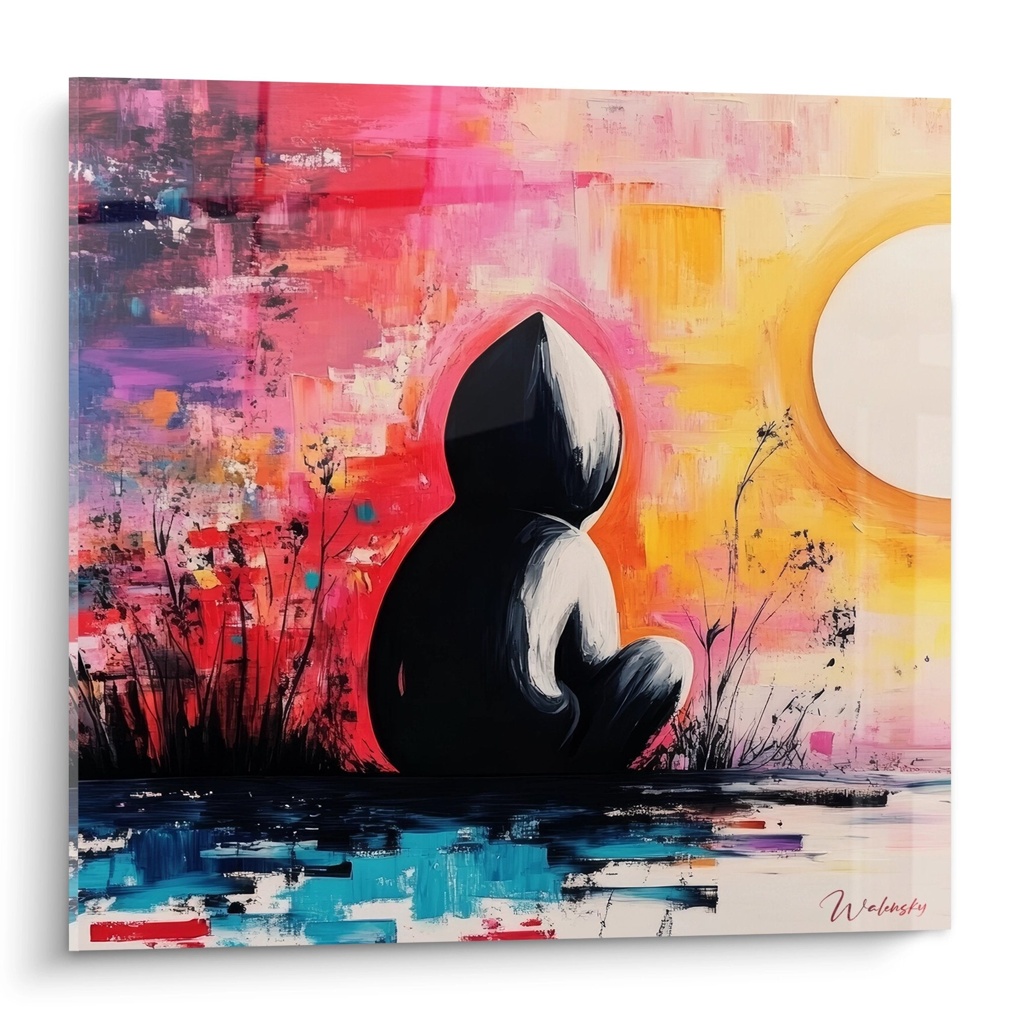 Tableau figuratif abstrait silhouette méditative coucher soleil coloré art mural moderne Walensky