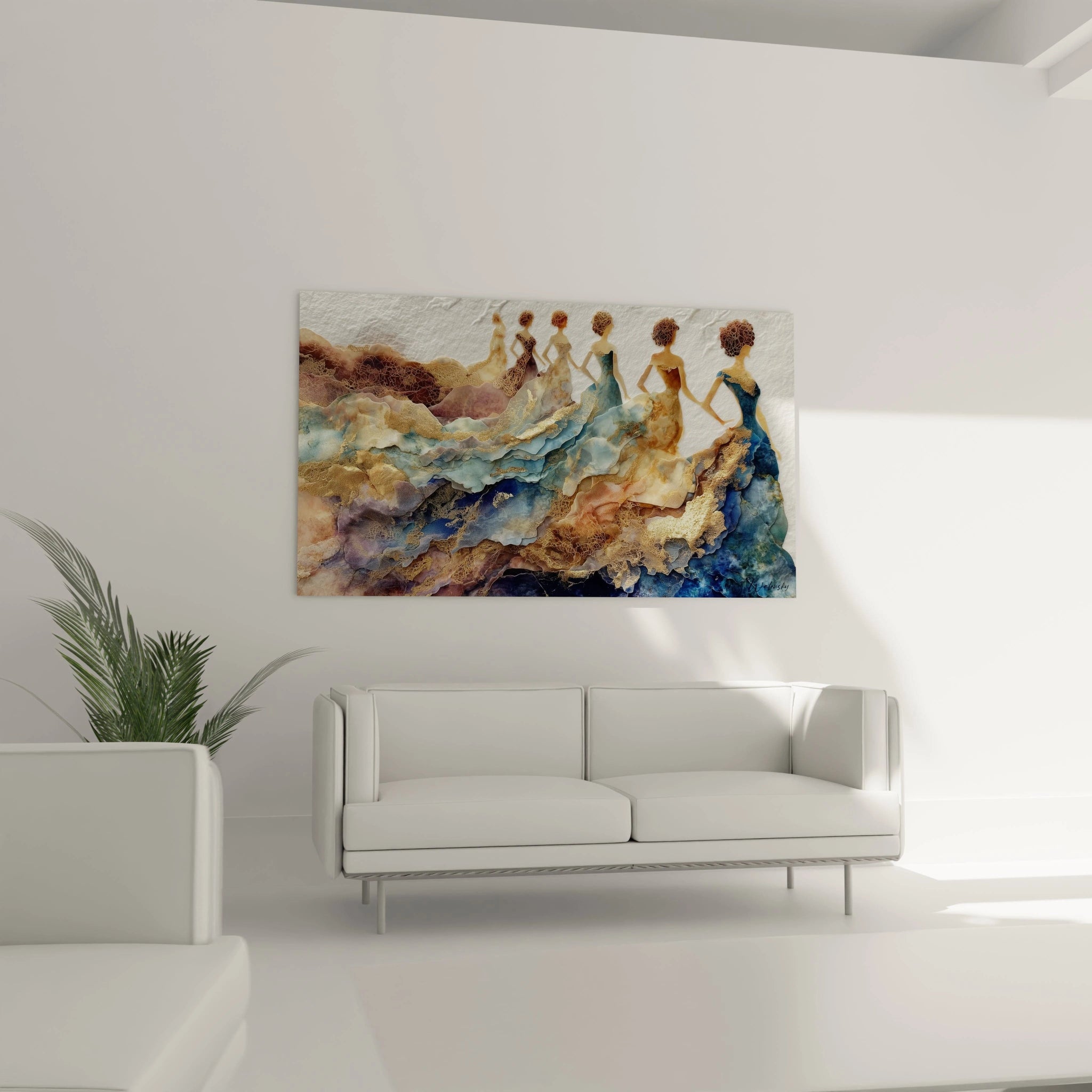 Tableau mural représentant des figures féminines haute couture avec des couleurs douces dans un décor moderne