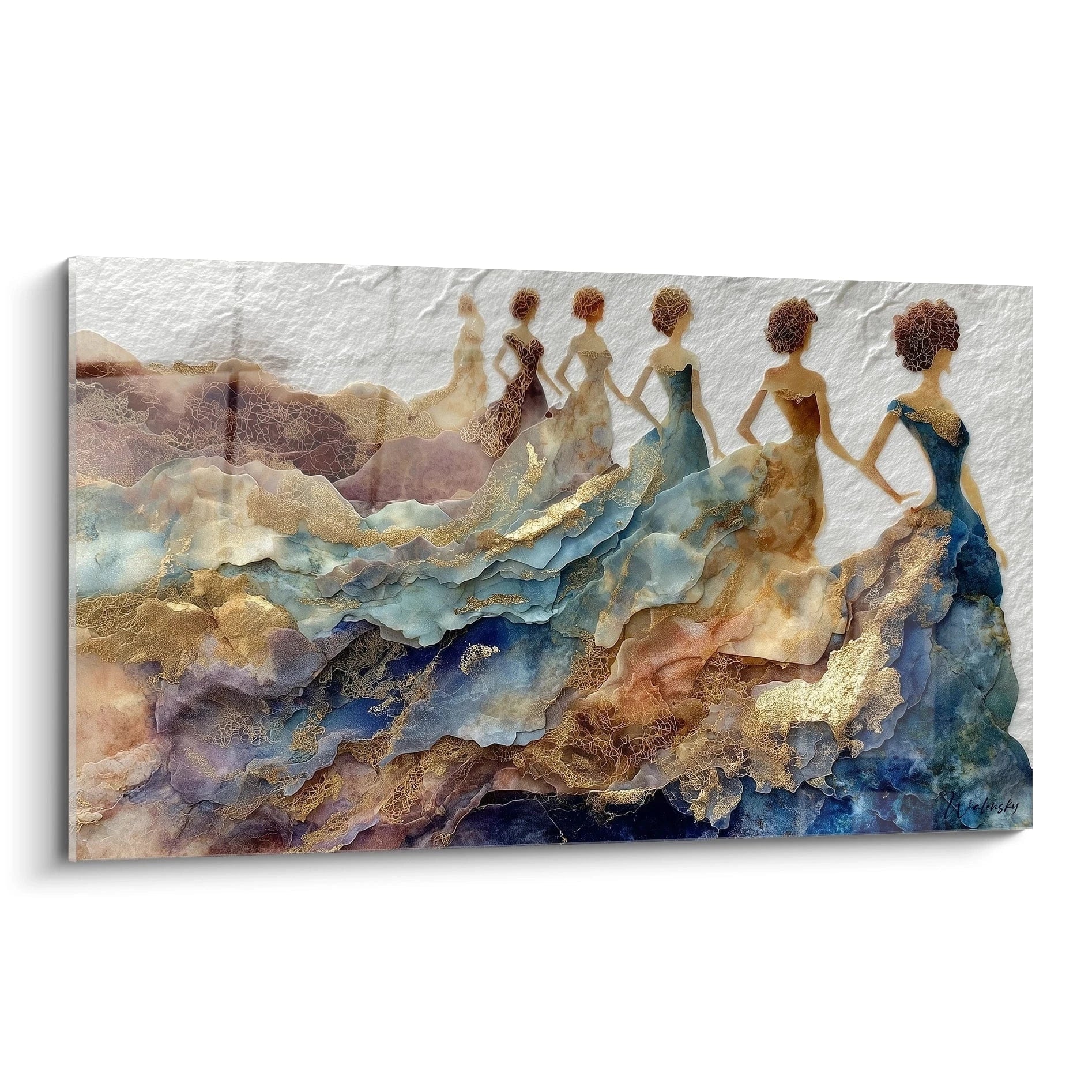 Tableau mural figures féminines haute couture avec des robes élégantes et des couleurs vibrantes