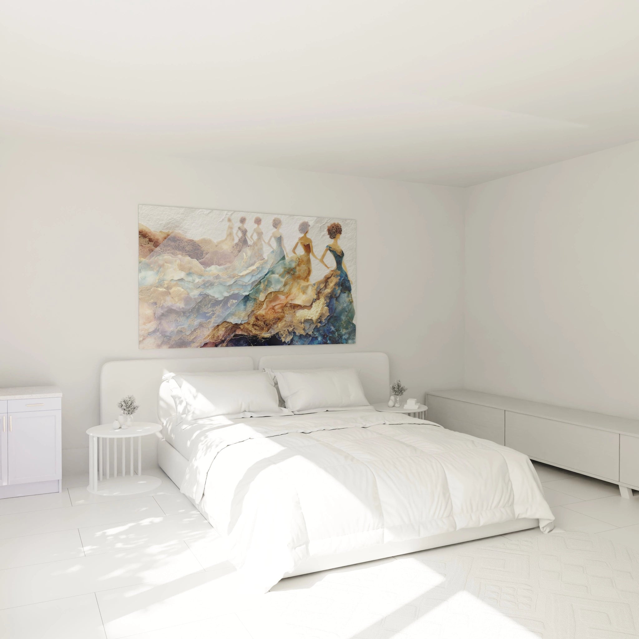 Tableau figures féminines haute couture dans une chambre moderne avec lit blanc et décoration minimaliste