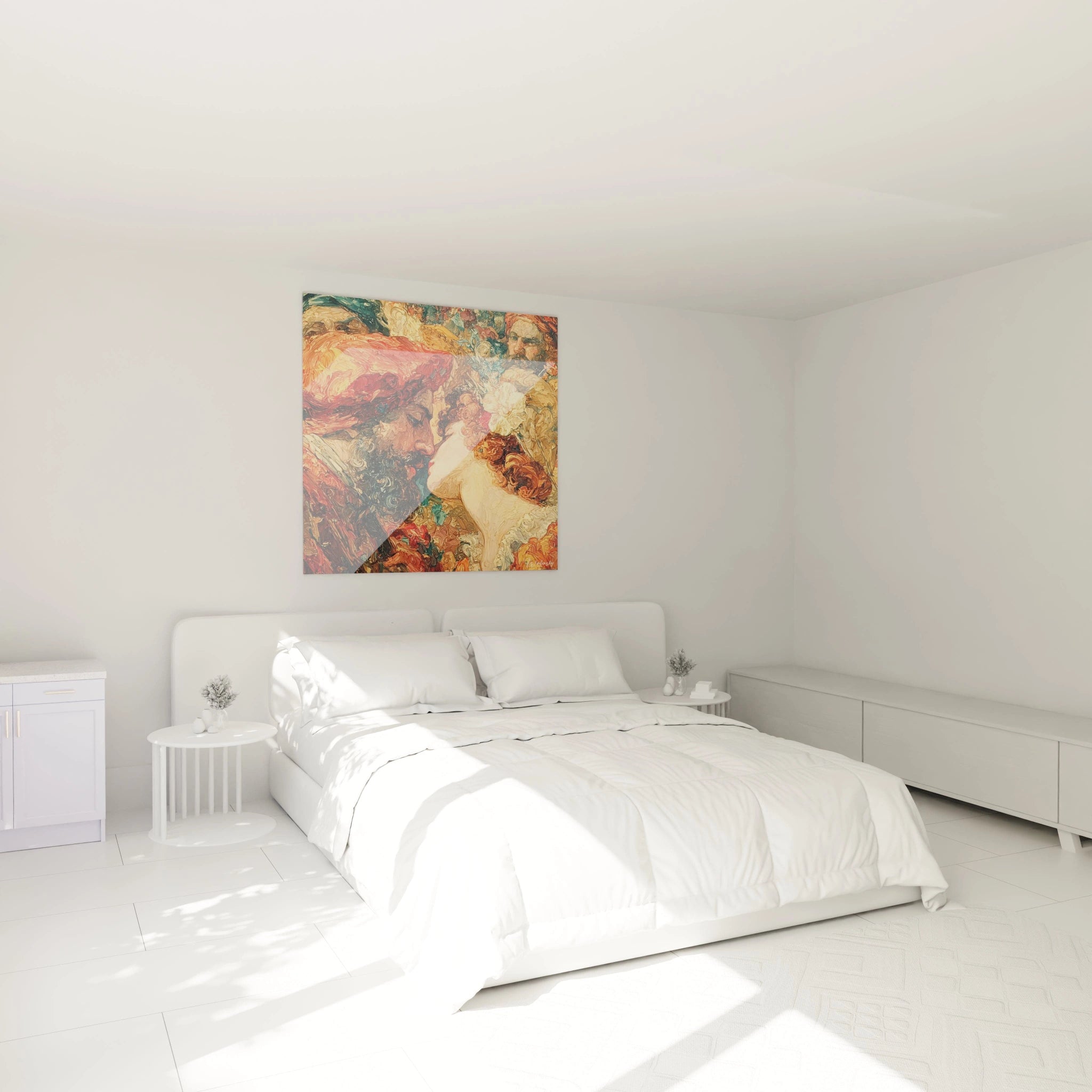 tableau figures sacrées renaissance italienne Walensky accroché au dessus d un lit blanc minimaliste