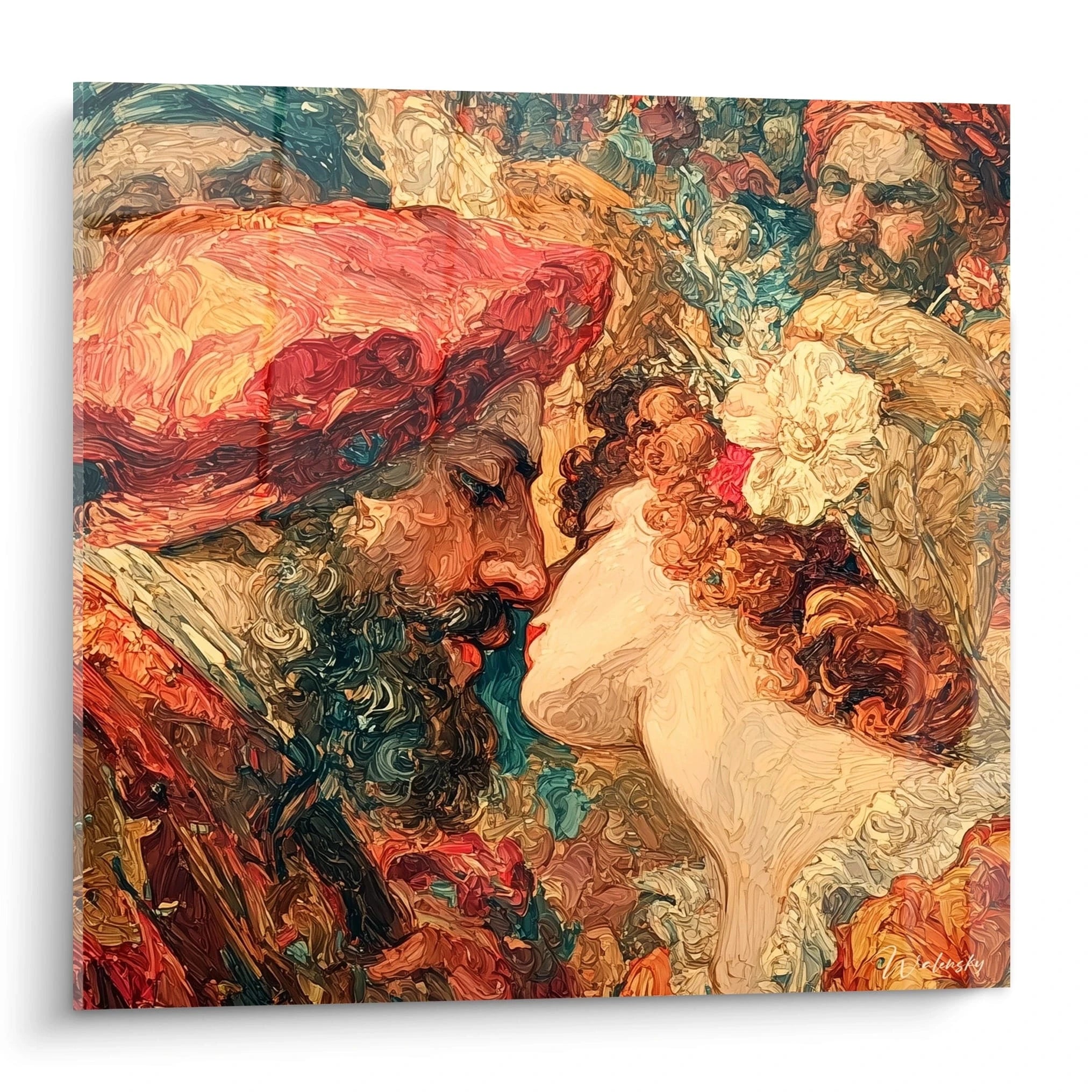 Tableau mural Walensky montrant un baiser entre homme en turban et femme fleurie, tableau figures sacrées renaissance italienne
