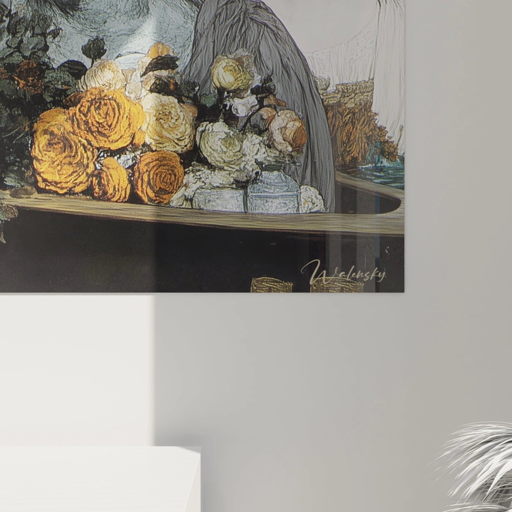 Walensky tableau mural avec bouquet de roses dorées et signature, tableau préraphaélite haut de gamme pour salon