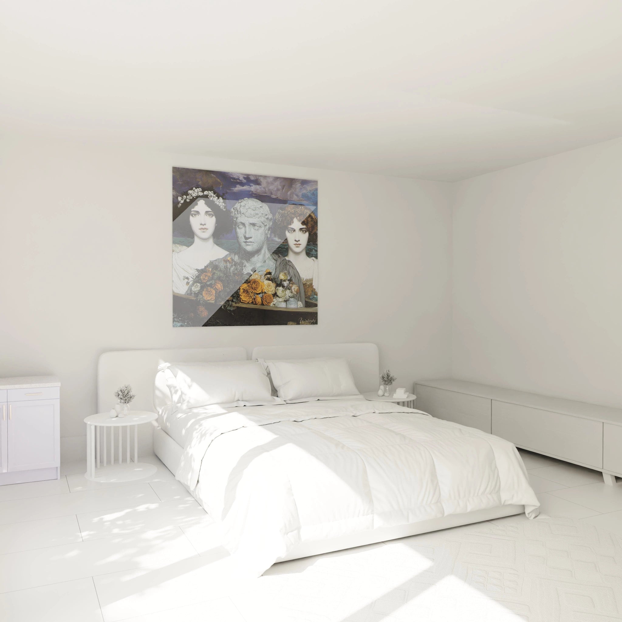 Chambre minimaliste blanche avec lit double et tableau préraphaélite haut de gamme Walensky montrant visages féminins et fleurs.
