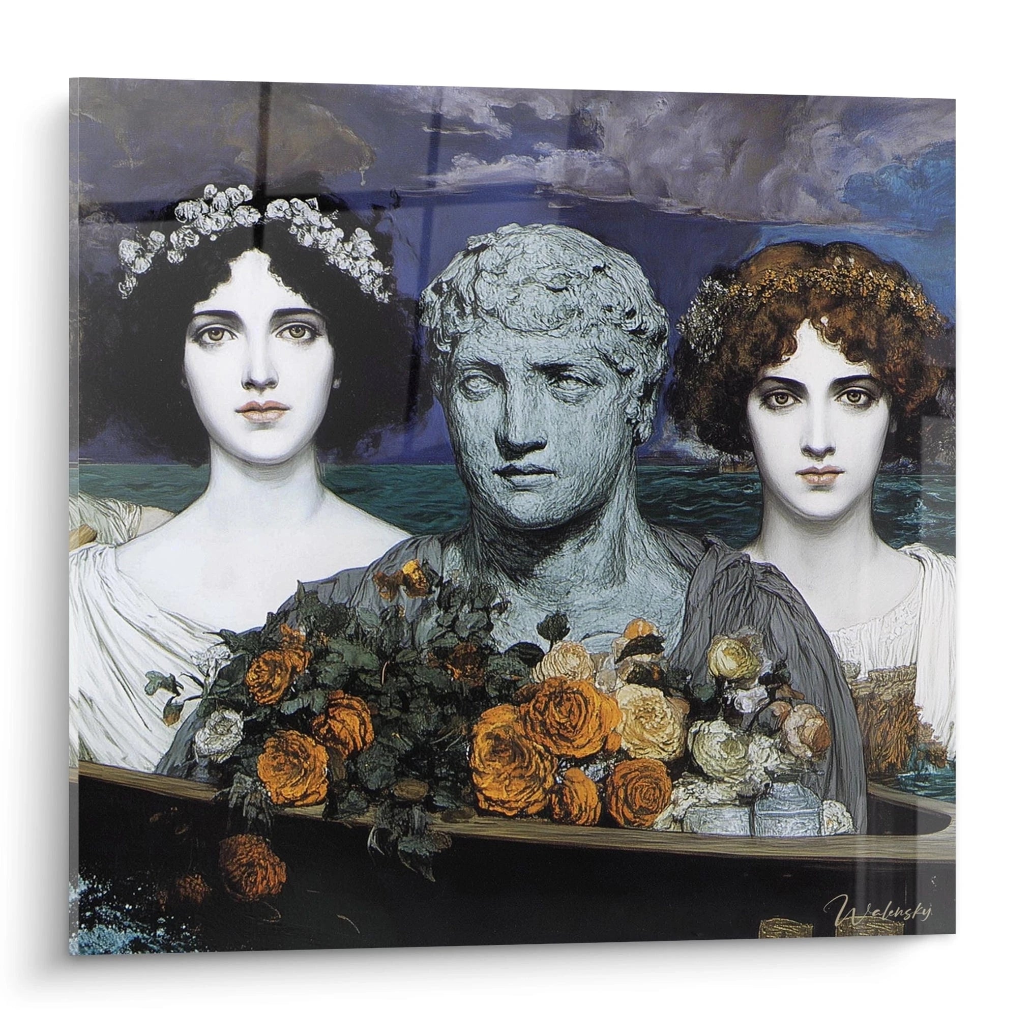Walensky tableau préraphaélite haut de gamme montrant trois figures féminines et buste sculpté avec bouquet de roses