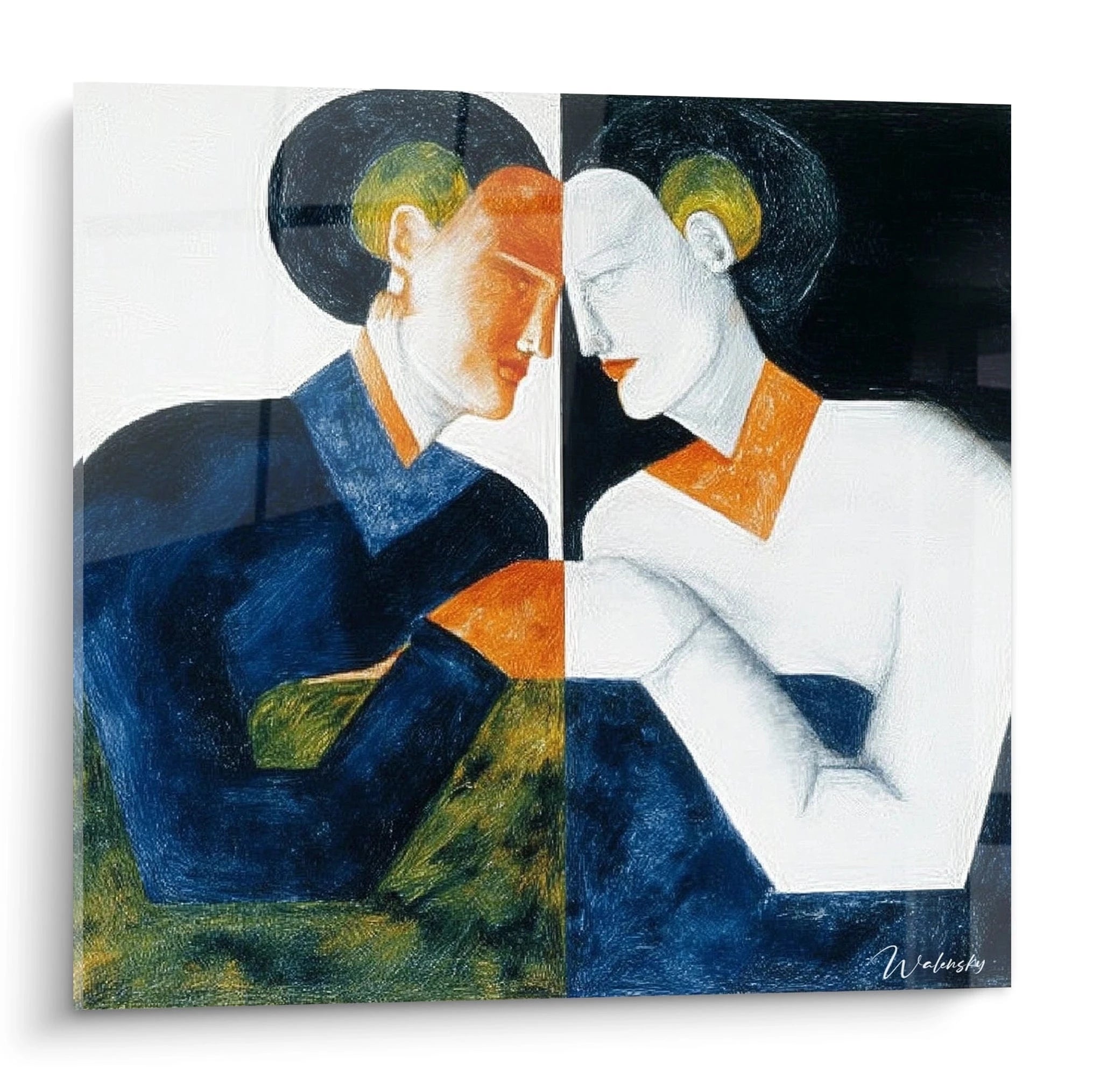 Walensky tableau constructivisme moderne carré deux figures stylisées face a face palette bleu blanc orange idéal pour salon