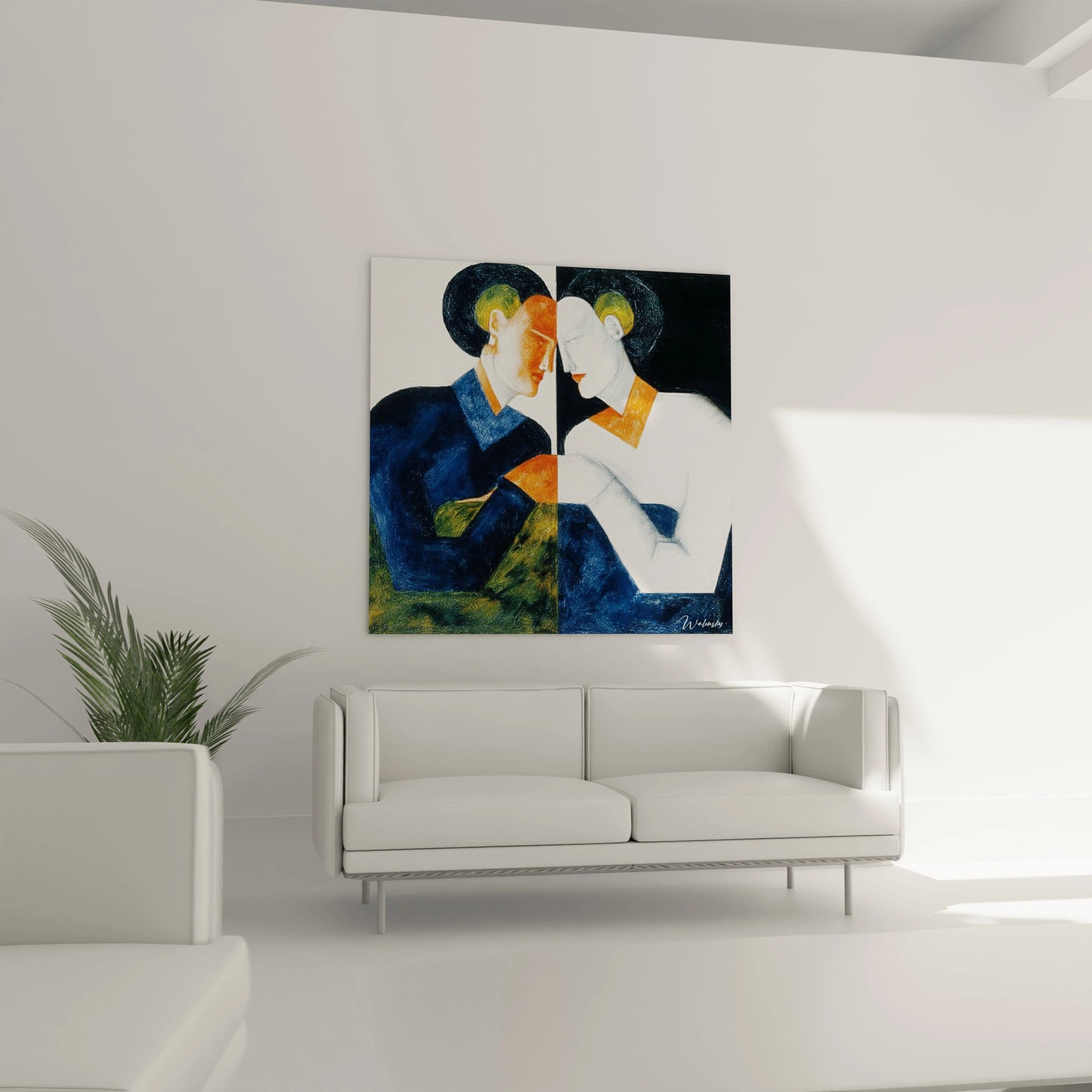 Walensky tableau constructivisme moderne diptyque figuratif bleu et blanc accroché au dessus d un canapé minimaliste