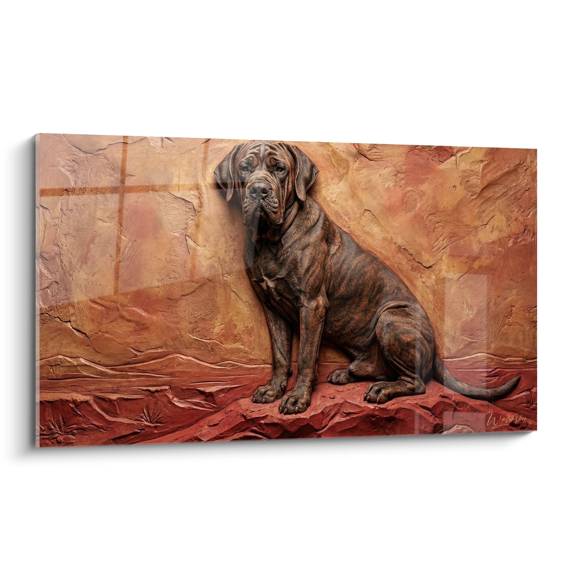Tableau Fila Brasileiro bringé assis majestueusement sur rocher aux tons ocre et rouge brique, ambiance chaleureuse naturelle