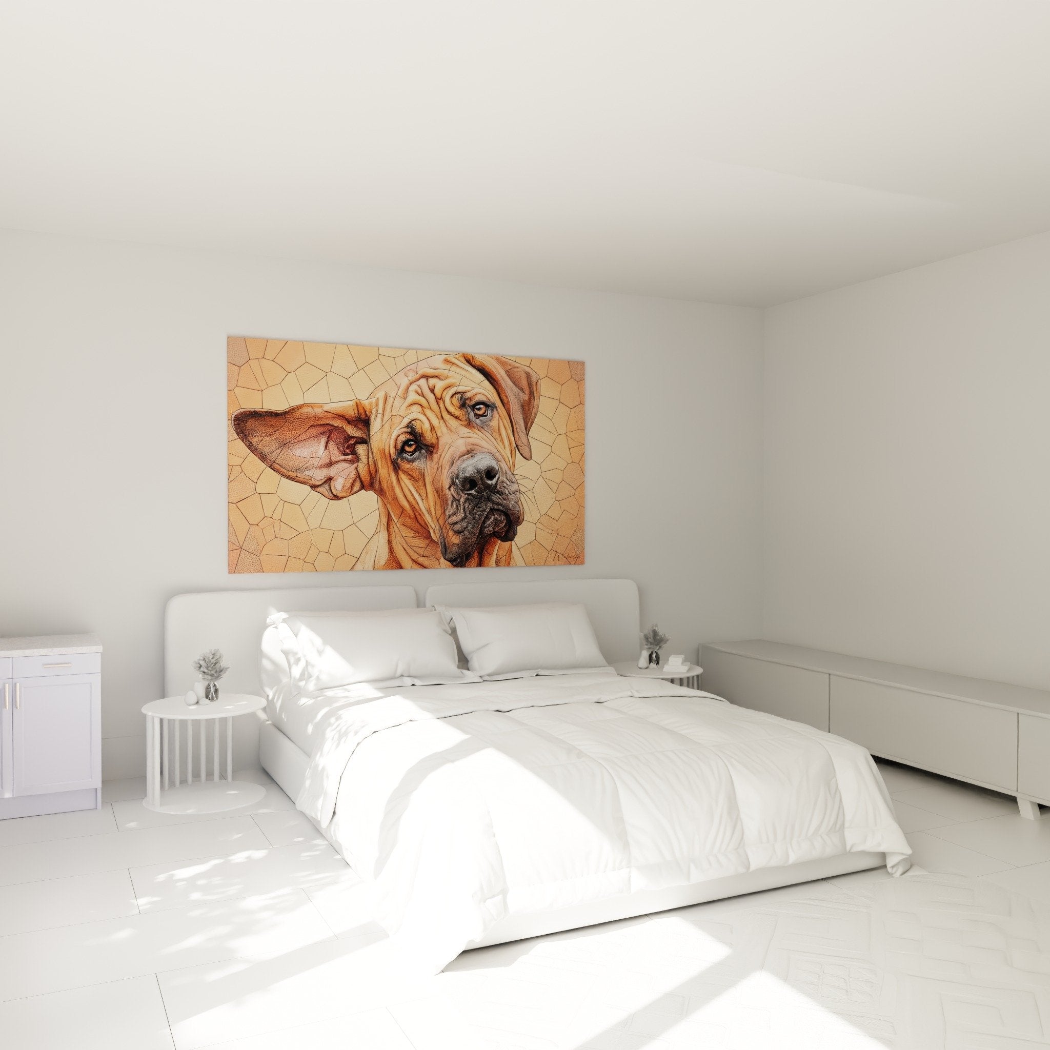 Tableau Fila Brasileiro tons ocres dans chambre moderne, ambiance chaleureuse et apaisante