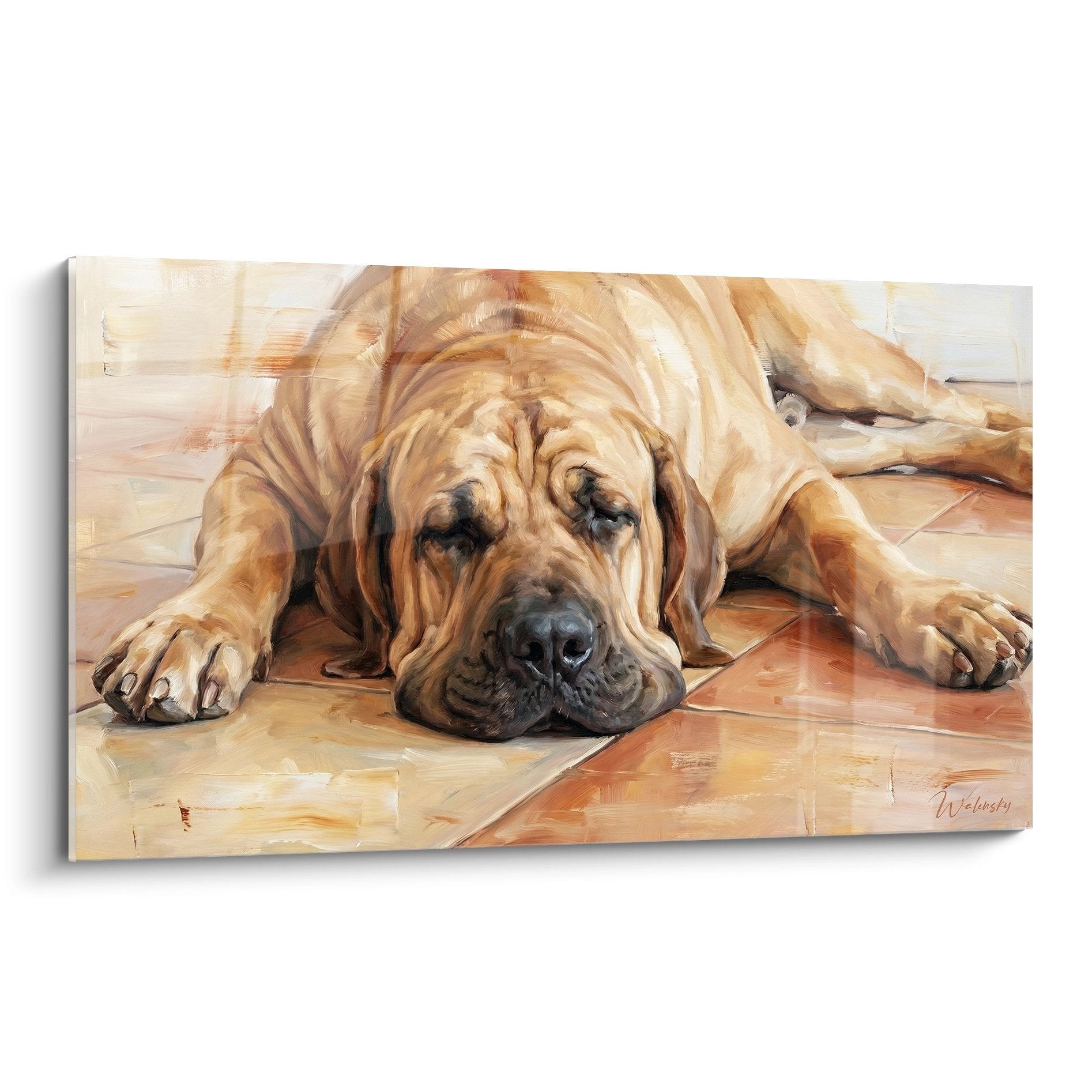 Tableau peinture Fila Brasileiro doré allongé sur parquet bois tons chauds expression mélancolique repos