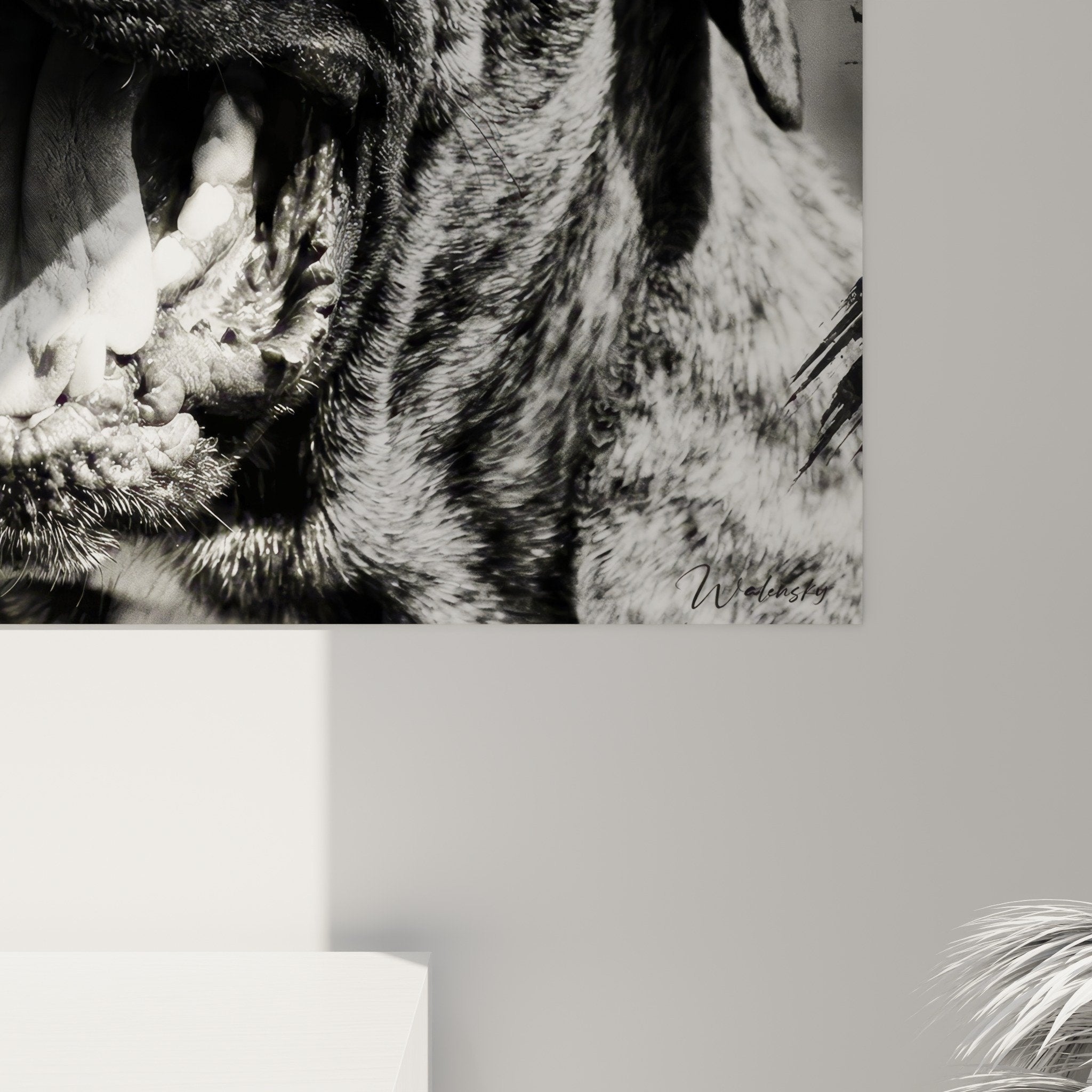 Vue d'ensemble tableau mural Fila Brasileiro portrait artistique noir et blanc décoration intérieure