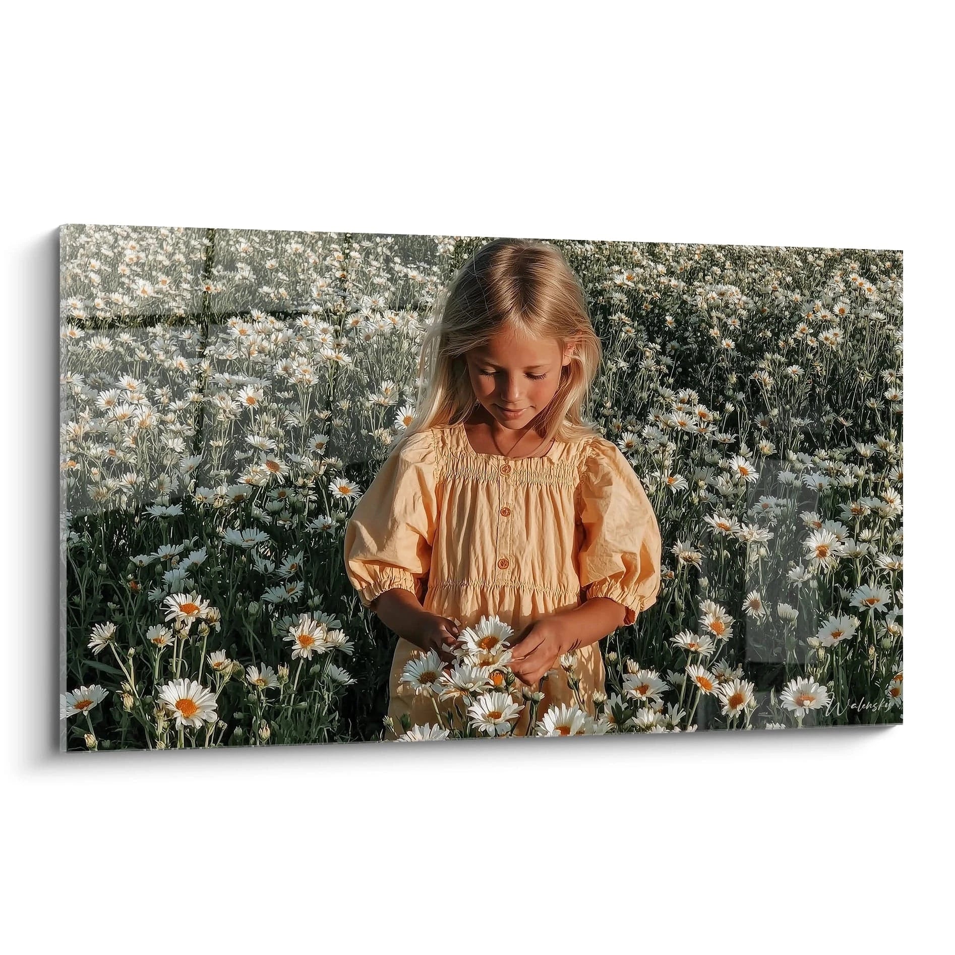 Walensky tableau fillette fleurs mural montrant une fillette cueillant des marguerites en robe jaune