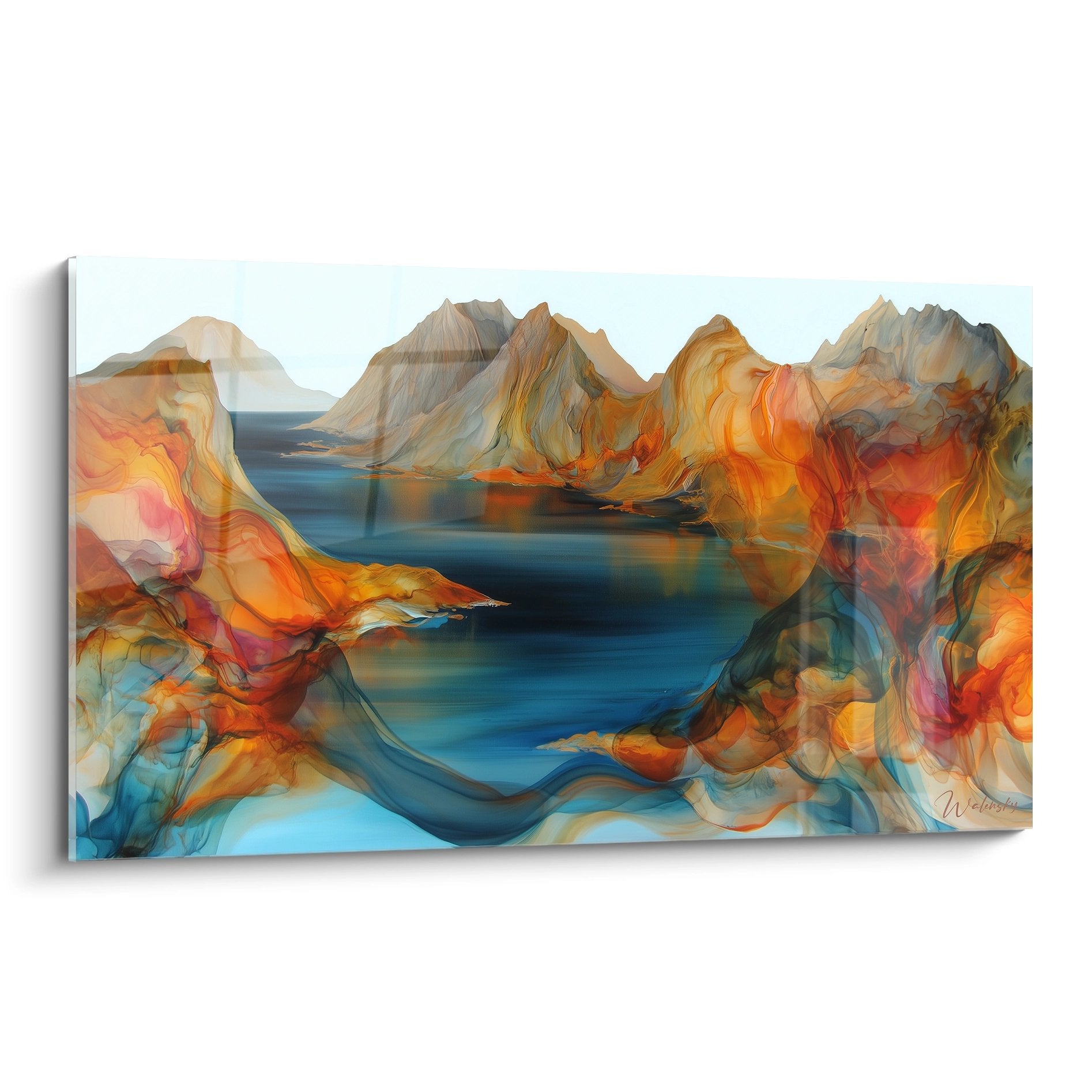 Tableau mural fjord montagneux aux couleurs flamboyantes avec lac bleu et montagnes orangées style archipel