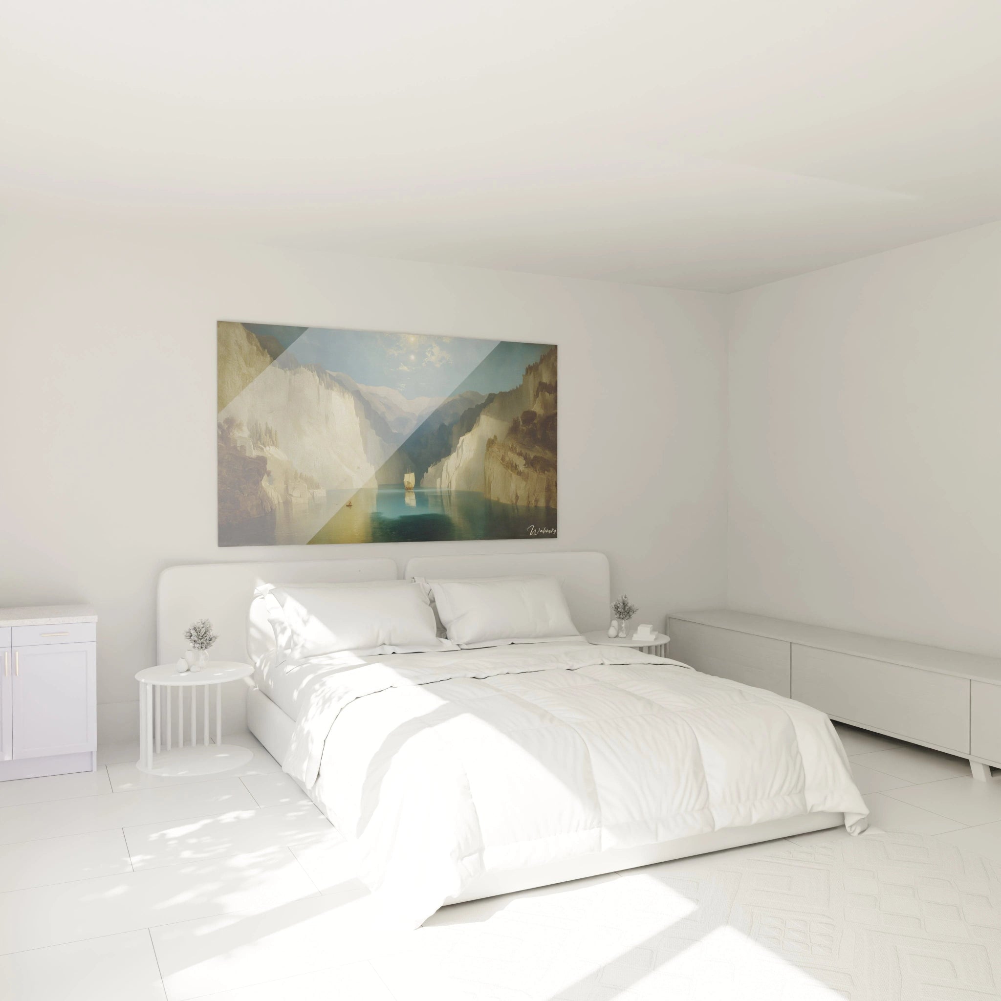 tableau fjord romantique Walensky suspendu au dessus d un lit blanc dans une chambre minimaliste et lumineuse