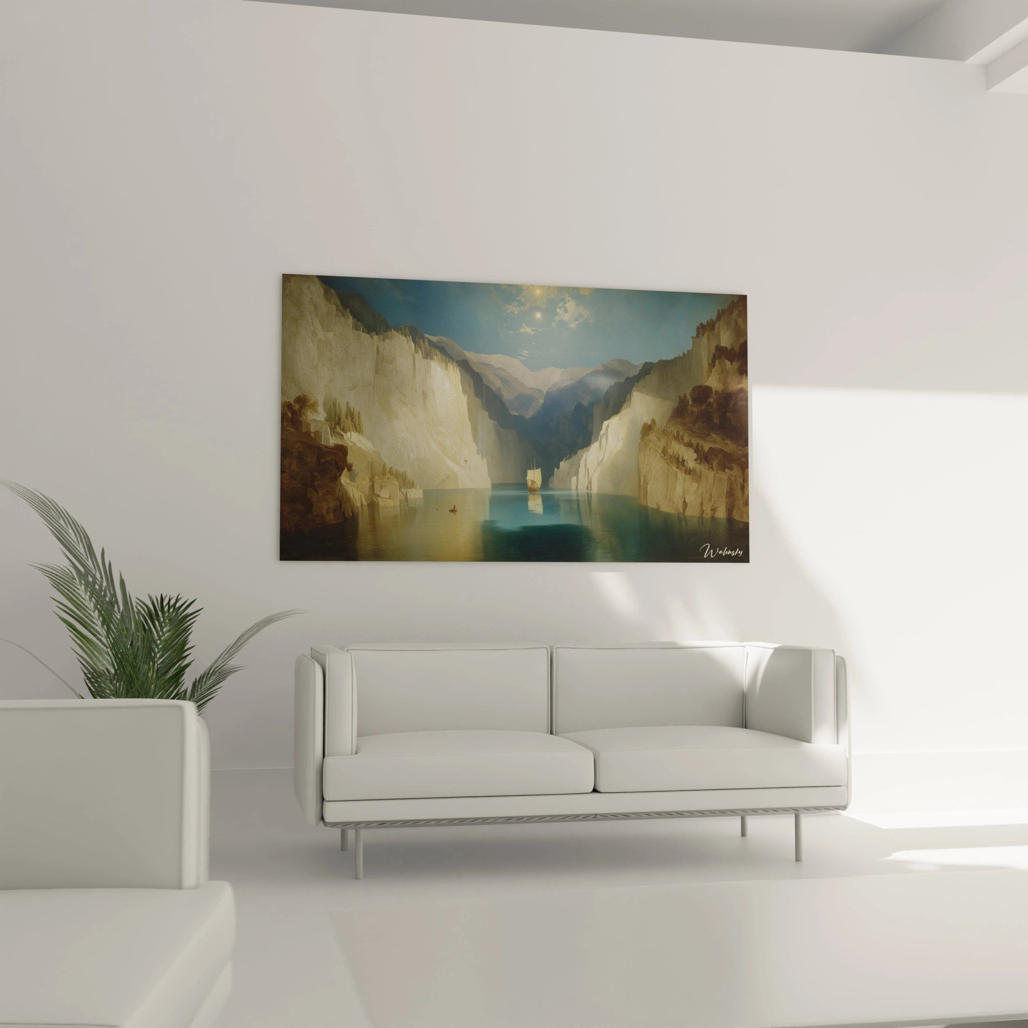 tableau fjord romantique Walensky peinture murale paysage de fjord avec falaises lumineuses eau turquoise et reflet apaisant