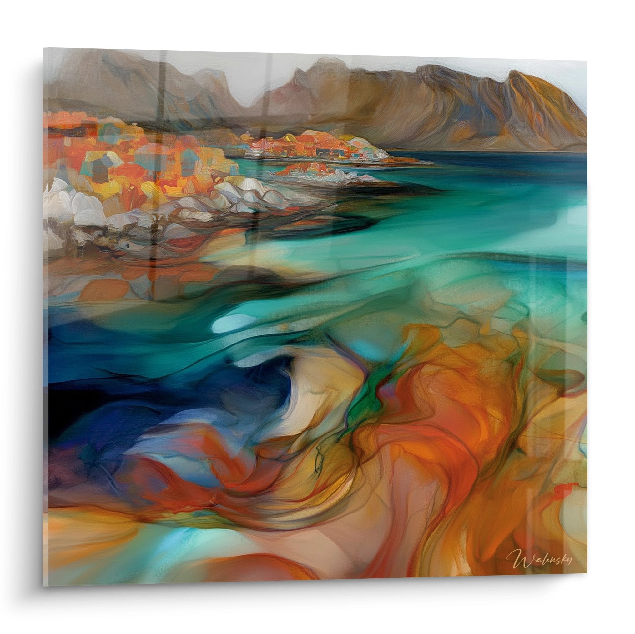 Tableau fjord nordique eaux turquoise village côtier montagnes - Art archipels scandinaves décoratif