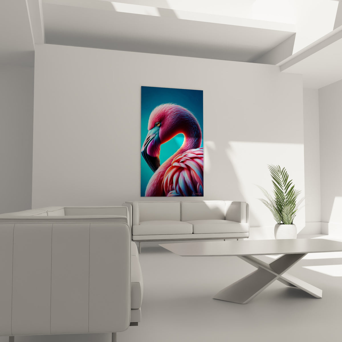 Flamand rose fuchsia et turquoise au regard doré, au-dessus d'un canapé dans un salon lumineux