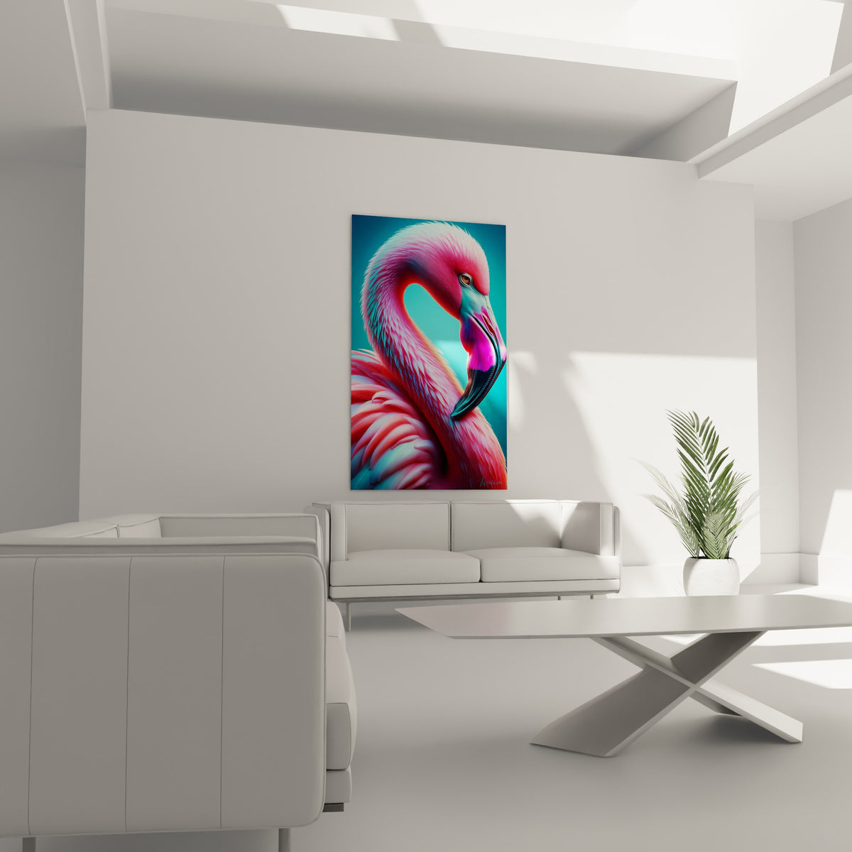 Flamand rose corail et turquoise, œil sombre perçant, disposé au-dessus d'un canapé dans un salon lumineux
