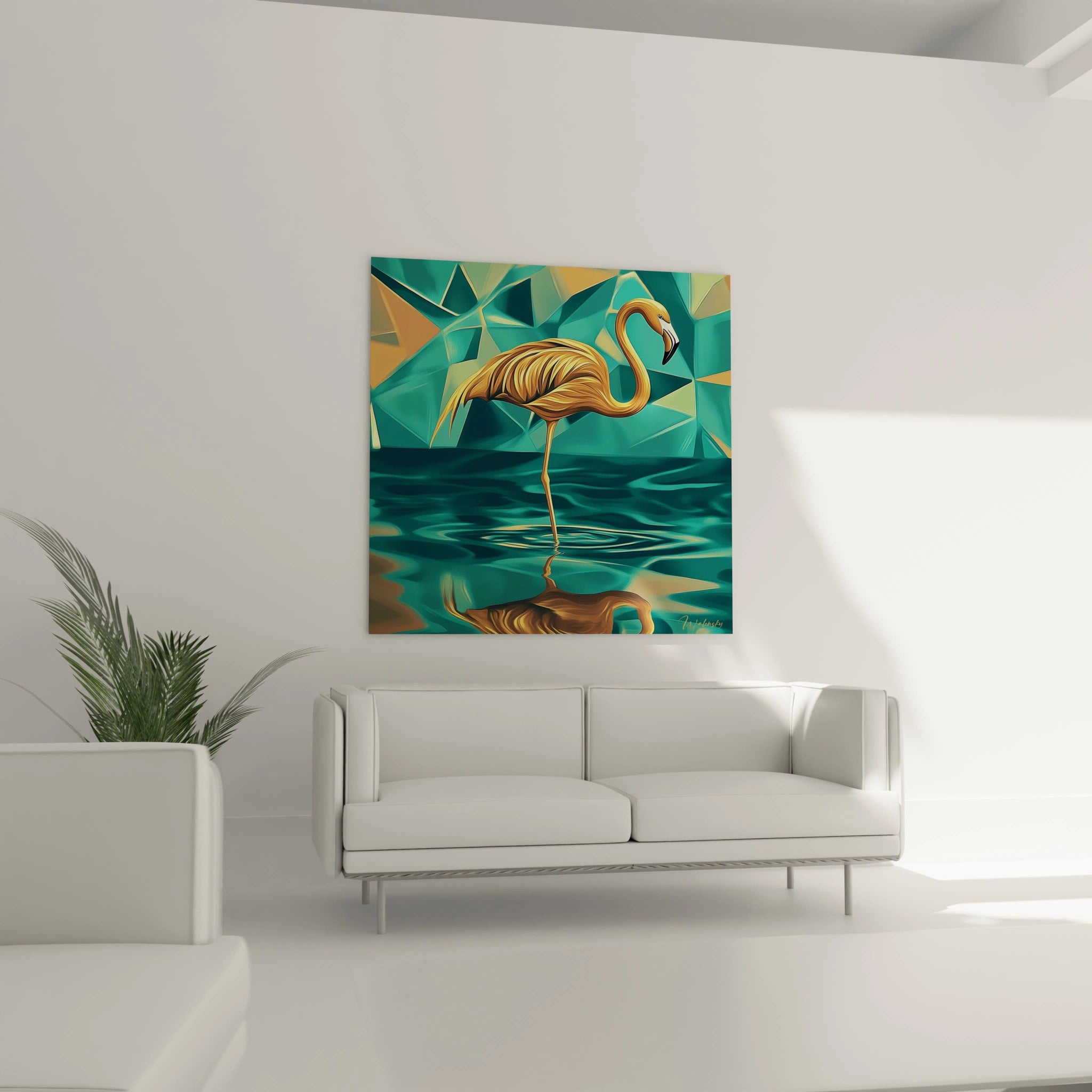 Tableau flamand rose stylisé avec un reflet dans l'eau, décor moderne pour un intérieur élégant