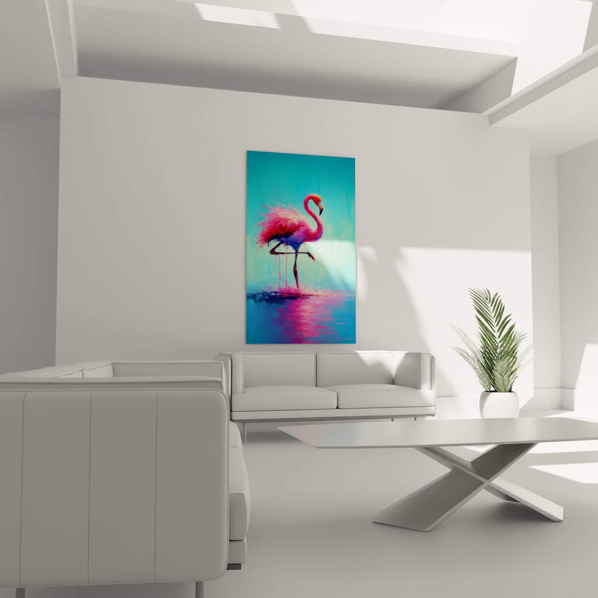 Flamant rose éclaboussé de fuchsia et de bleu ciel, cou incurvé, au-dessus d'un canapé dans un salon lumineux