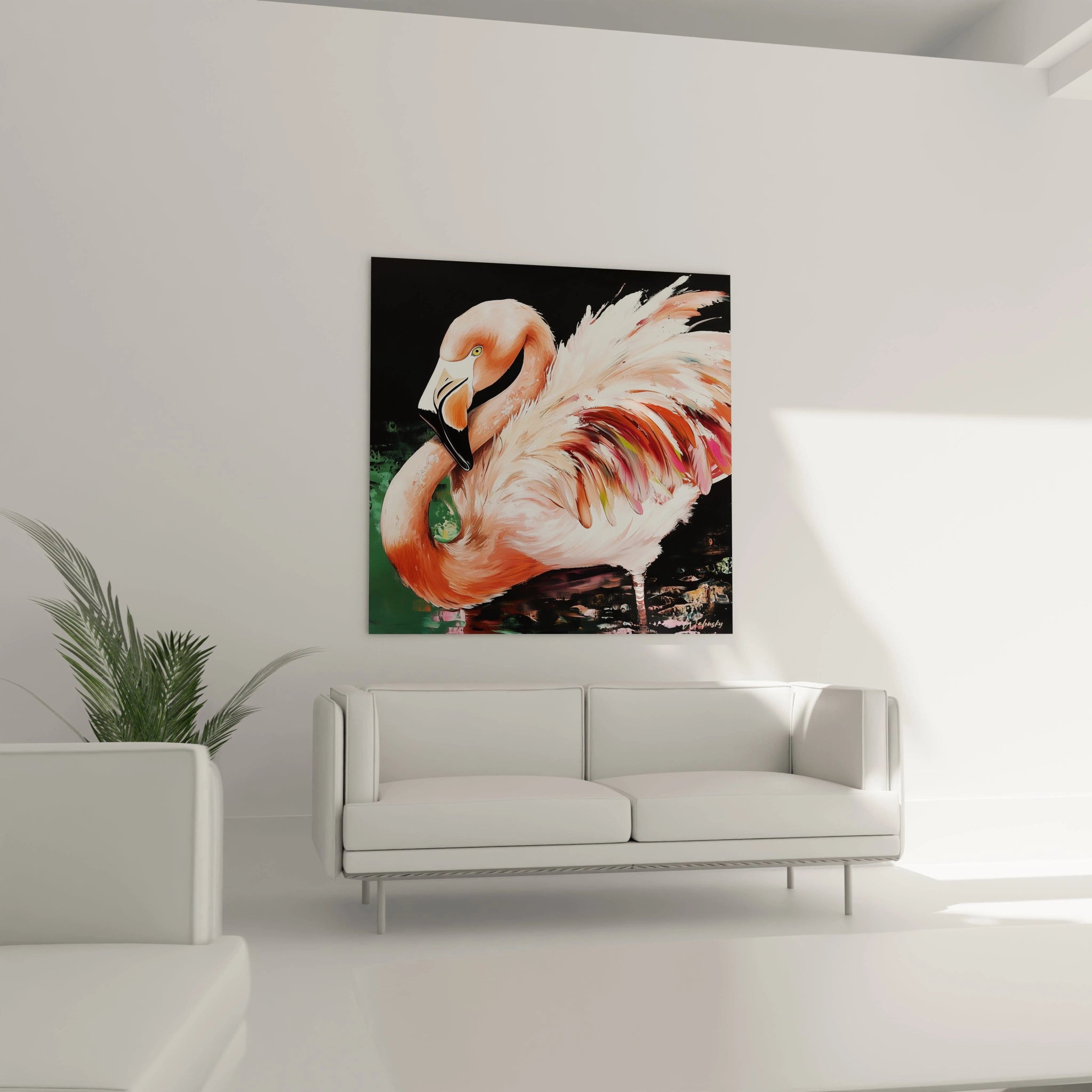 Tableau de flamant rose Walensky sur toile avec des couleurs vives et un fond noir