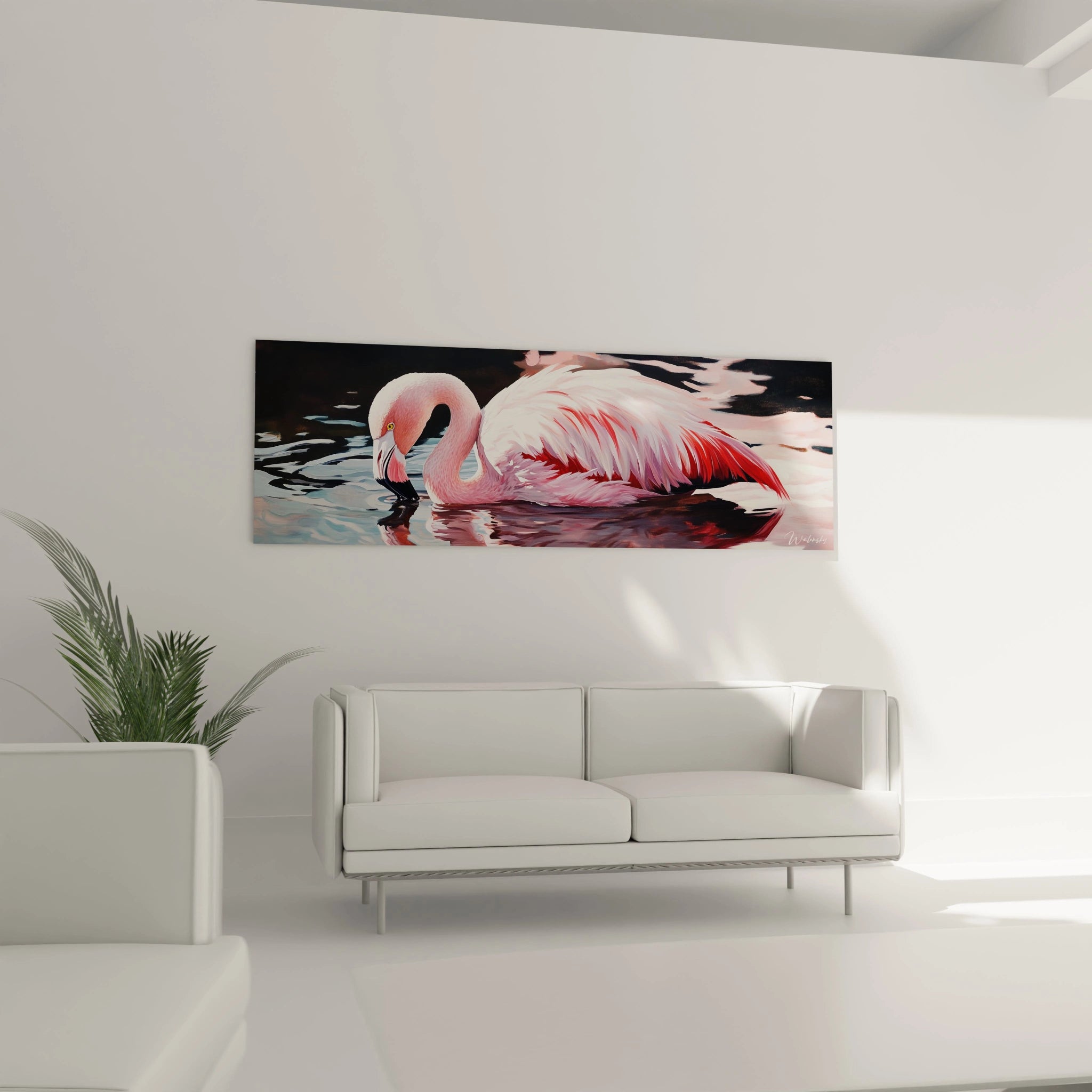 Tableau de flamant rose élégant sur fond aquatique, idéal pour la décoration intérieure moderne
