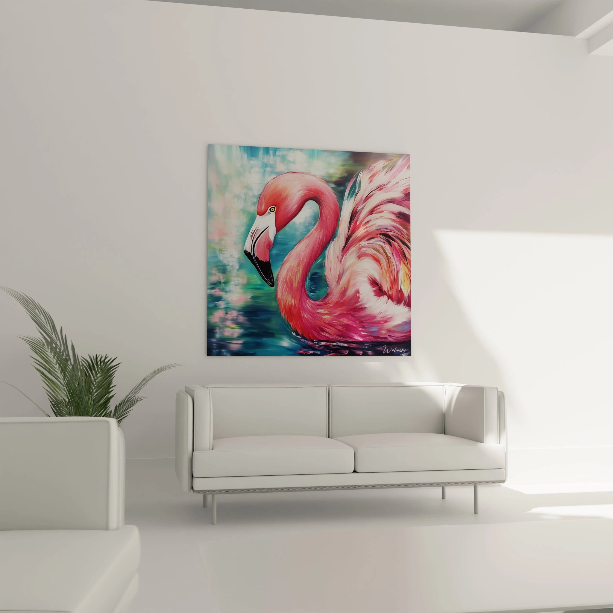 Tableau flamand rose Walensky sur mur blanc, ajoutant une touche colorée à la décoration intérieure