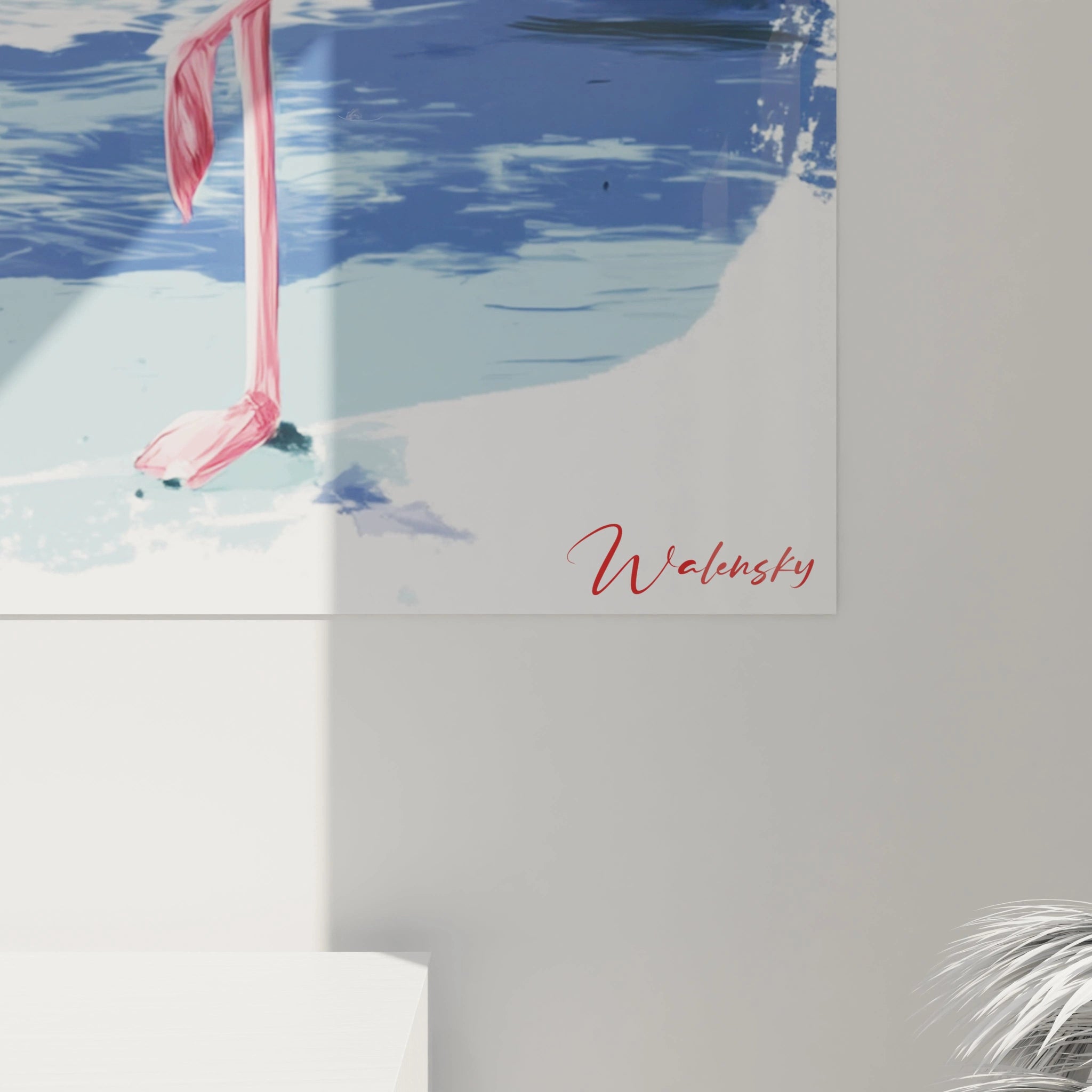 Tableau Walensky avec tableau flamant rose décoration murale minimaliste montrant pattes de flamant et reflet sur eau