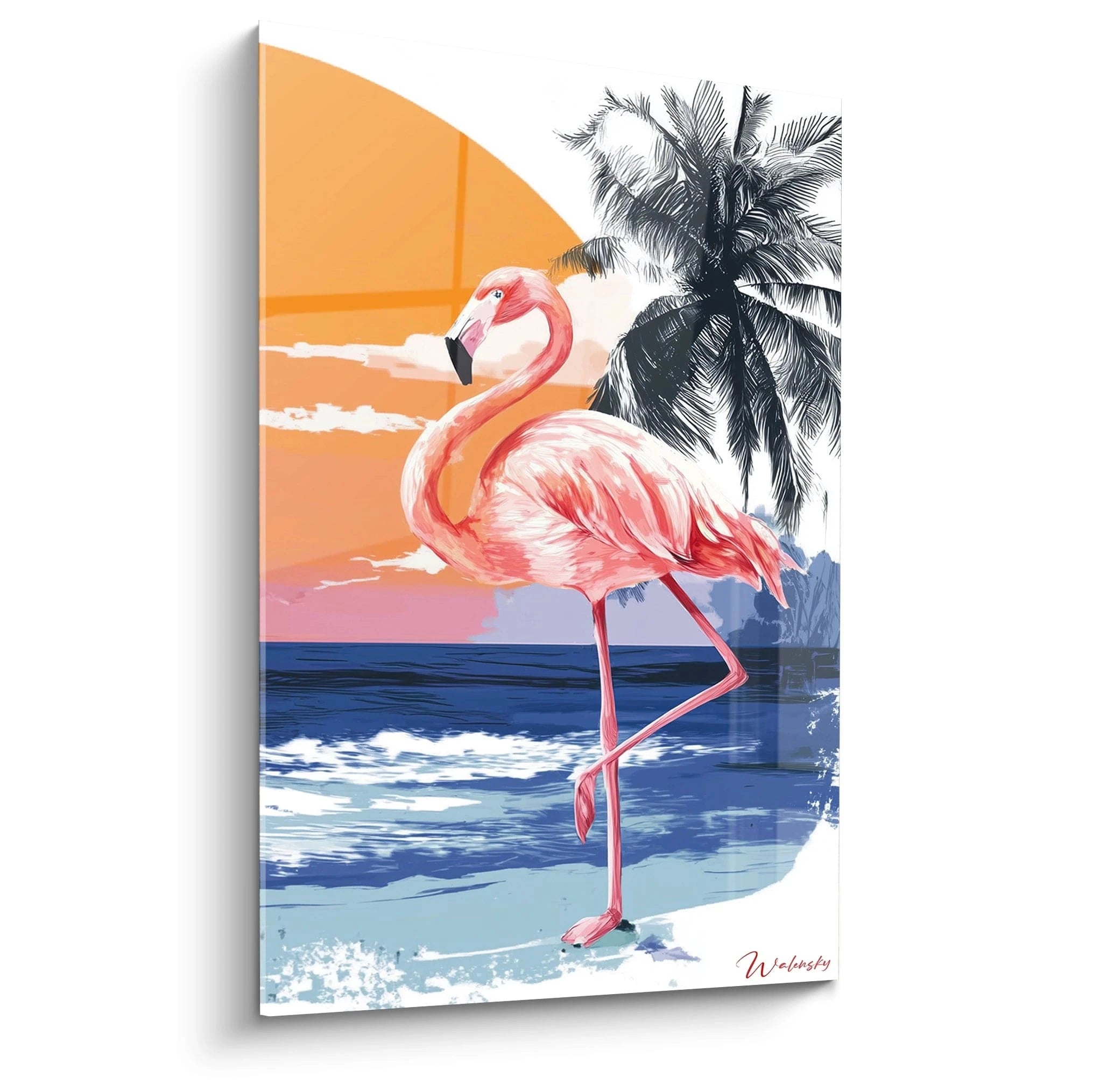 Tableau mural Walensky illustrant un tableau flamant rose décoration murale sur plage tropicale avec palmiers au coucher de soleil