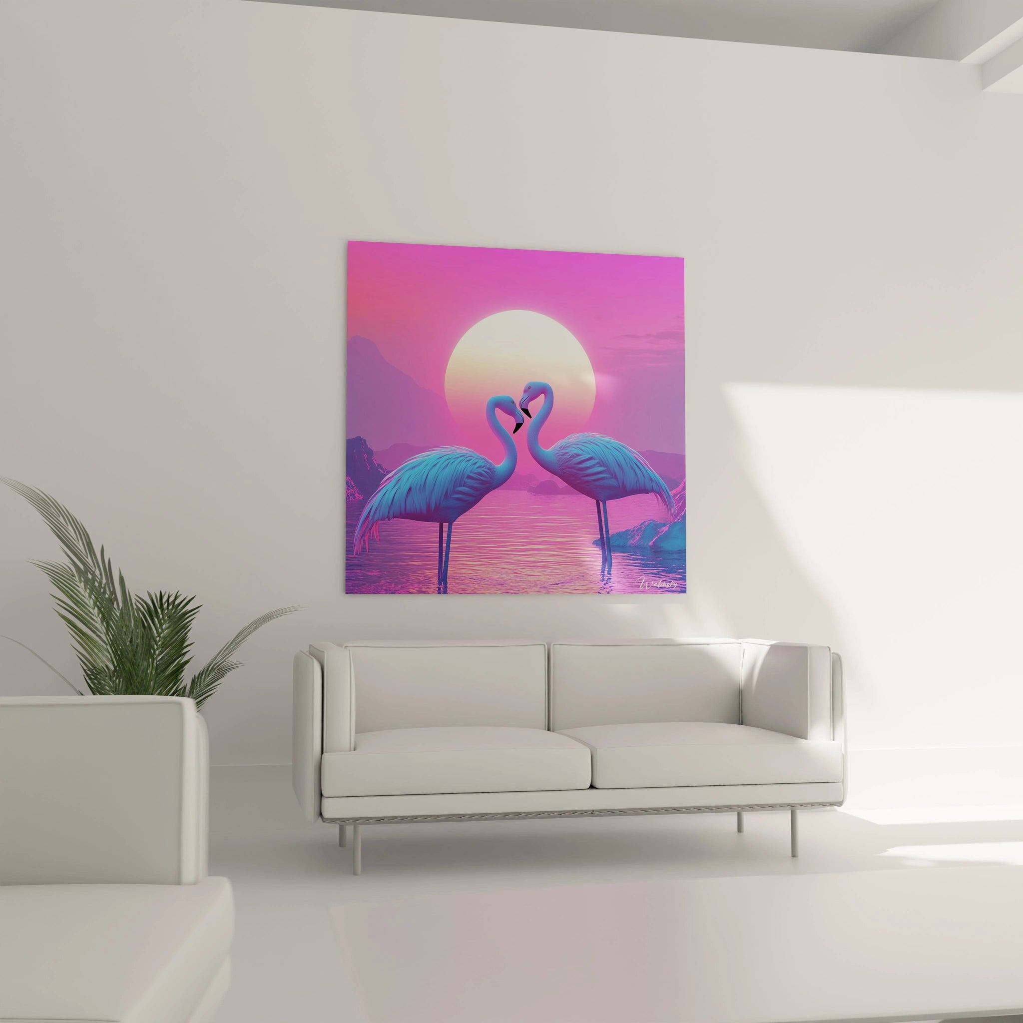 Tableau flamand rose de Walensky avec deux flamants devant un soleil couchant coloré