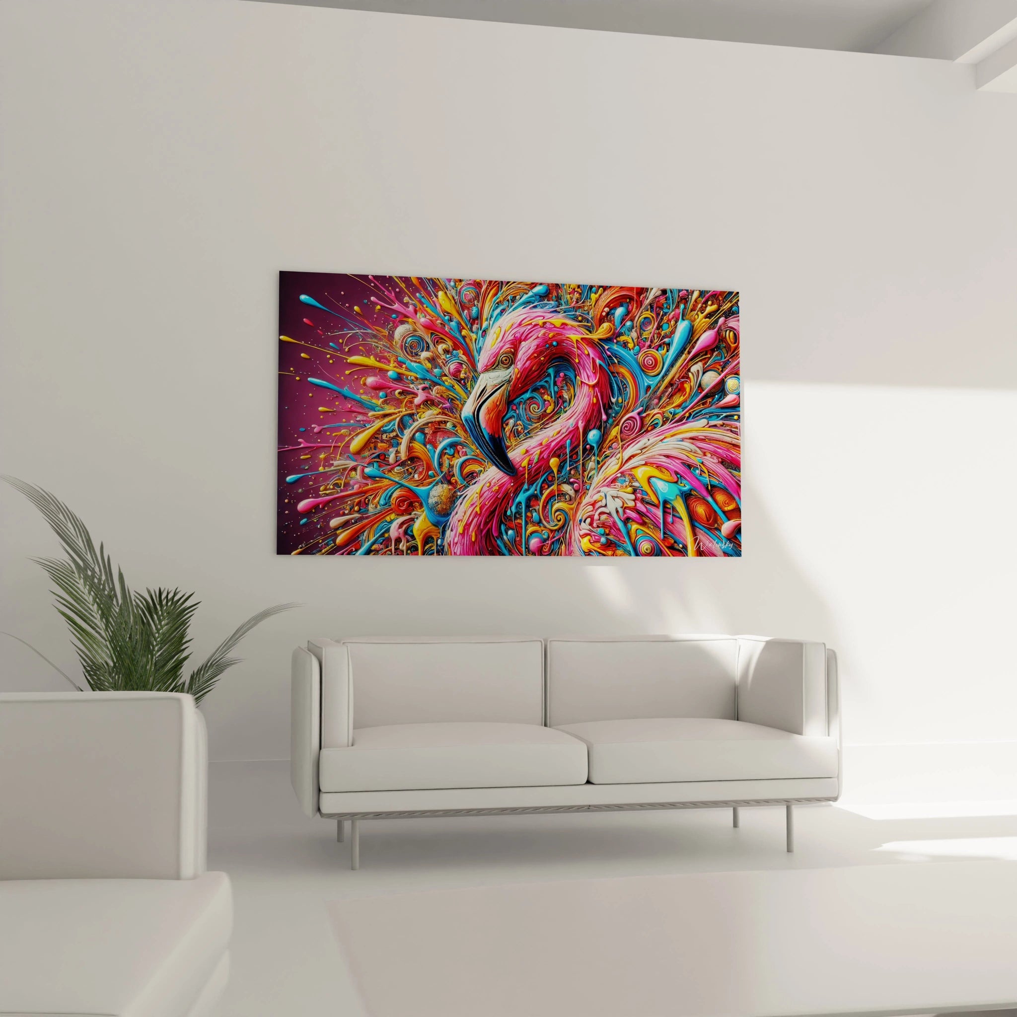 Tableau flamant rose accroché dans un salon au-dessus du canapé. Les éclats de couleurs multicolores ajoutent du mouvement et du style à la décoration intérieure."