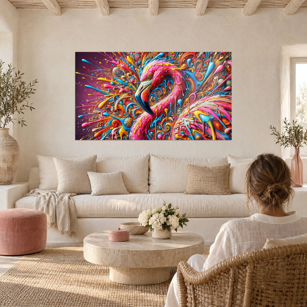 Wall art pink flamingo in pop art paint splatters, fuchsia and cyan blue, above a sofa in a bright living room
