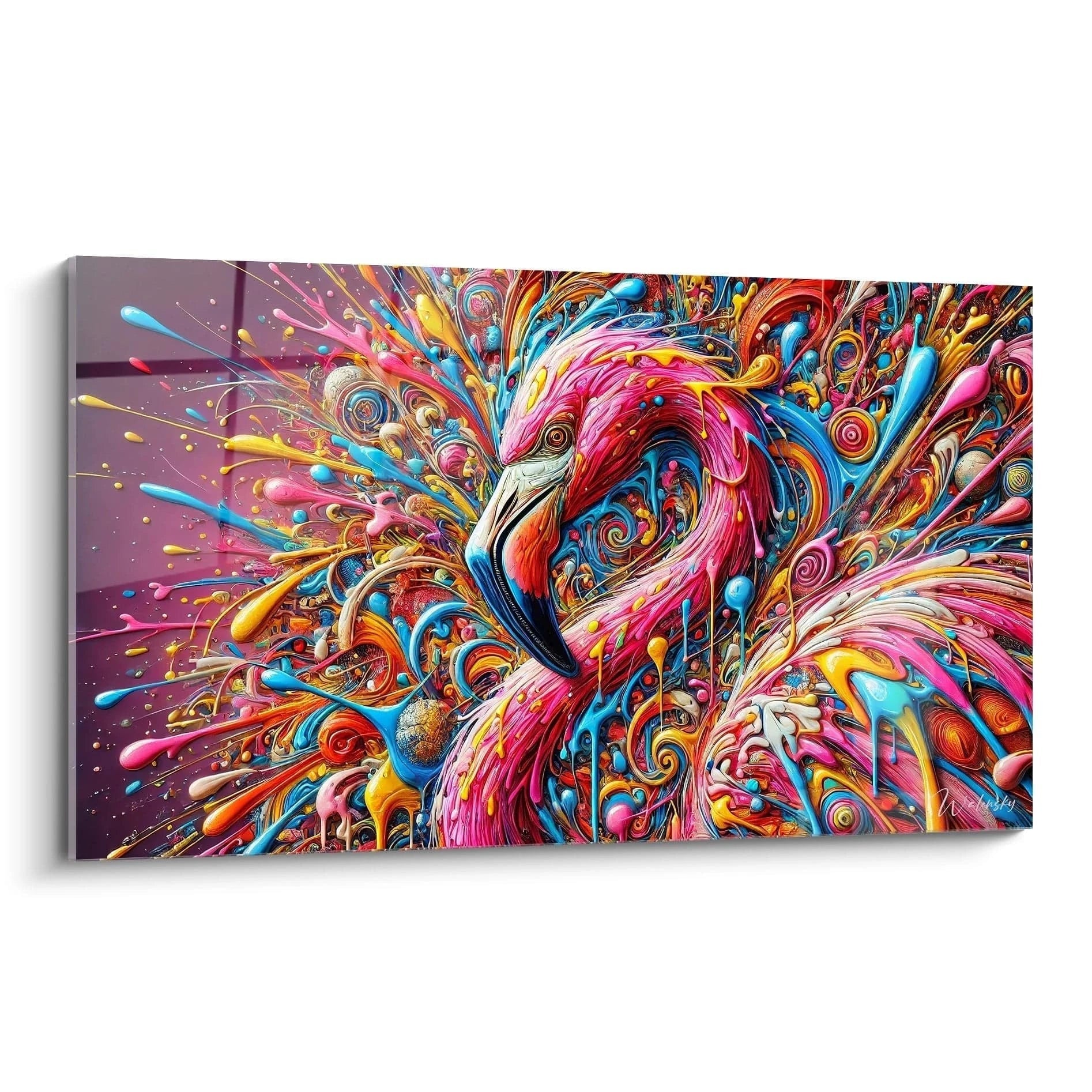 "Tableau flamant rose vibrant vu de biais. Éclaboussures de peinture multicolores et motifs tourbillonnants créent un effet visuel hypnotique. Couleurs vives sur fond violet."
