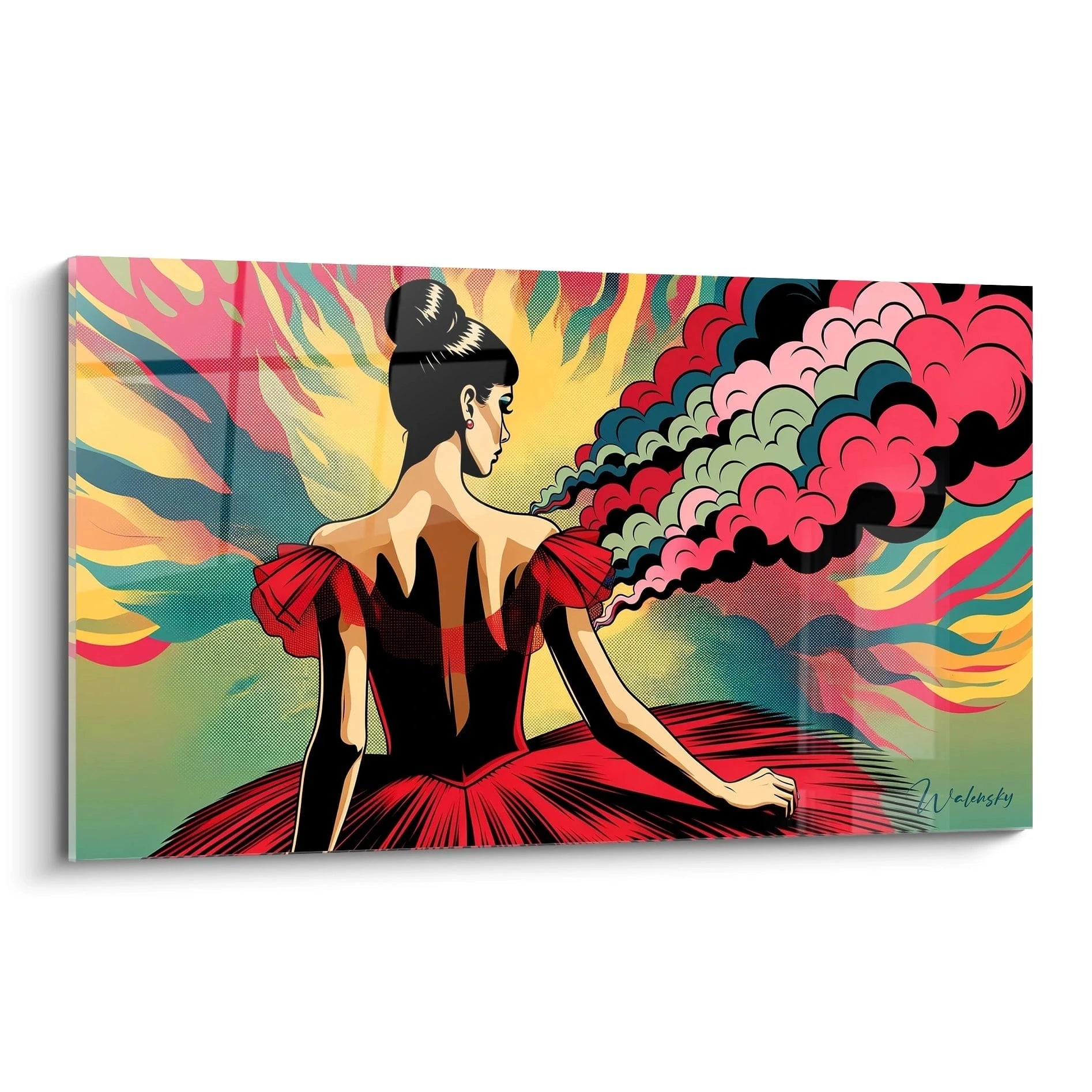 "Tableau en verre acrylique Pop Art / Rétro, vue de biais, affichant des couleurs vives et des motifs rétro distinctifs. Art mural moderne pour décoration intérieure."