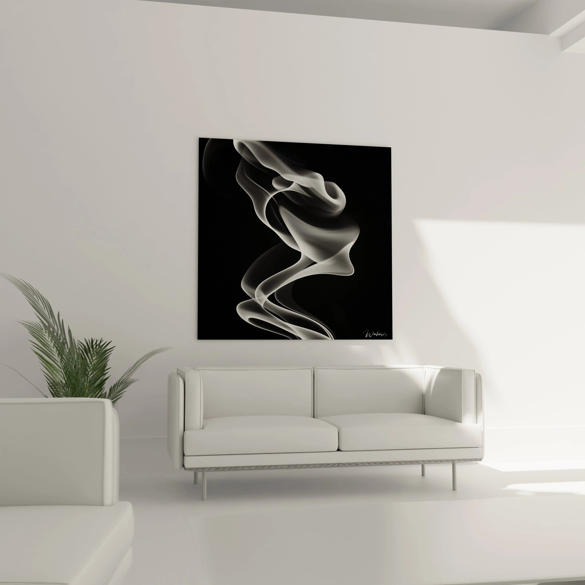 Un tableau abstrait de fumée en noir et blanc illustrant des formes vaporeuses blanches qui dansent sur un fond d'obscurité totale. Les lignes fines superposées créent des effets de transparence et de profondeur, avec des contours nets mais fluides.