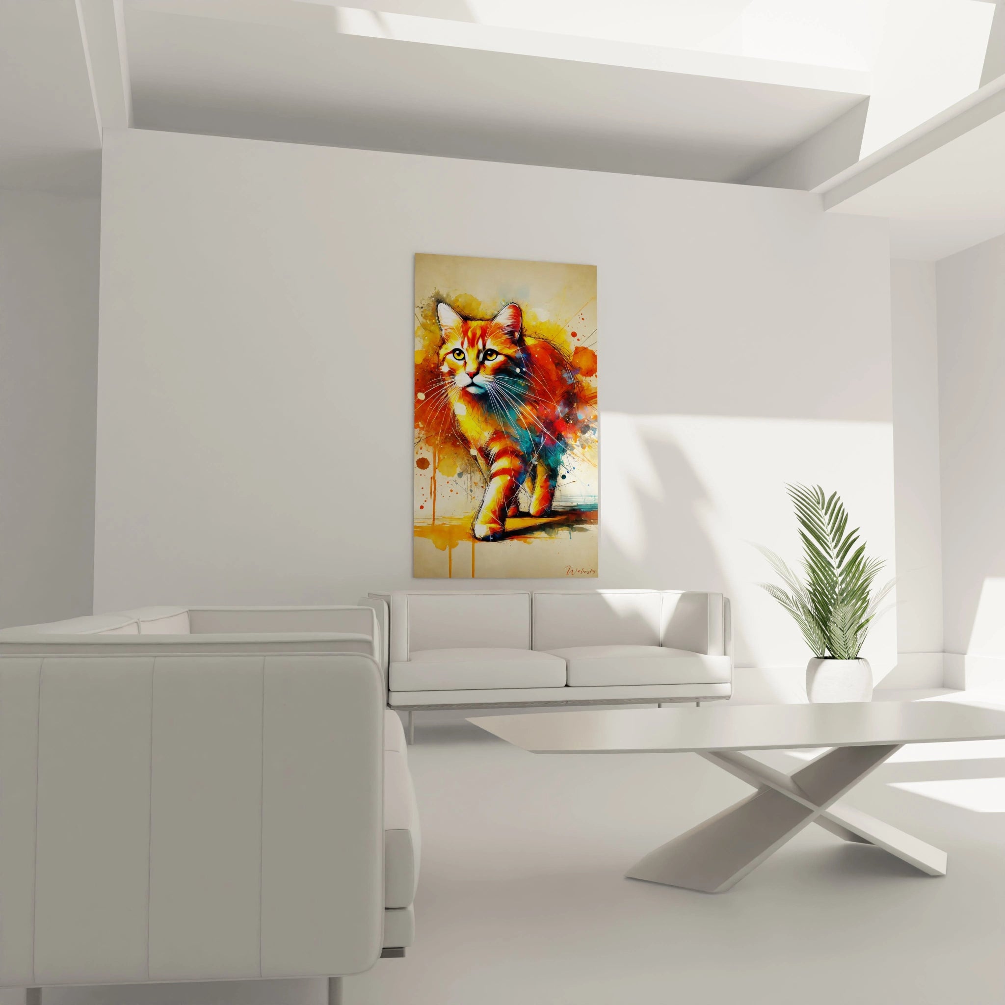 Transformez votre salon avec ce tableau chat accroché au-dessus du canapé. Les éclaboussures abstraites et les couleurs audacieuses créent un point focal captivant qui dynamise l atmosphère.