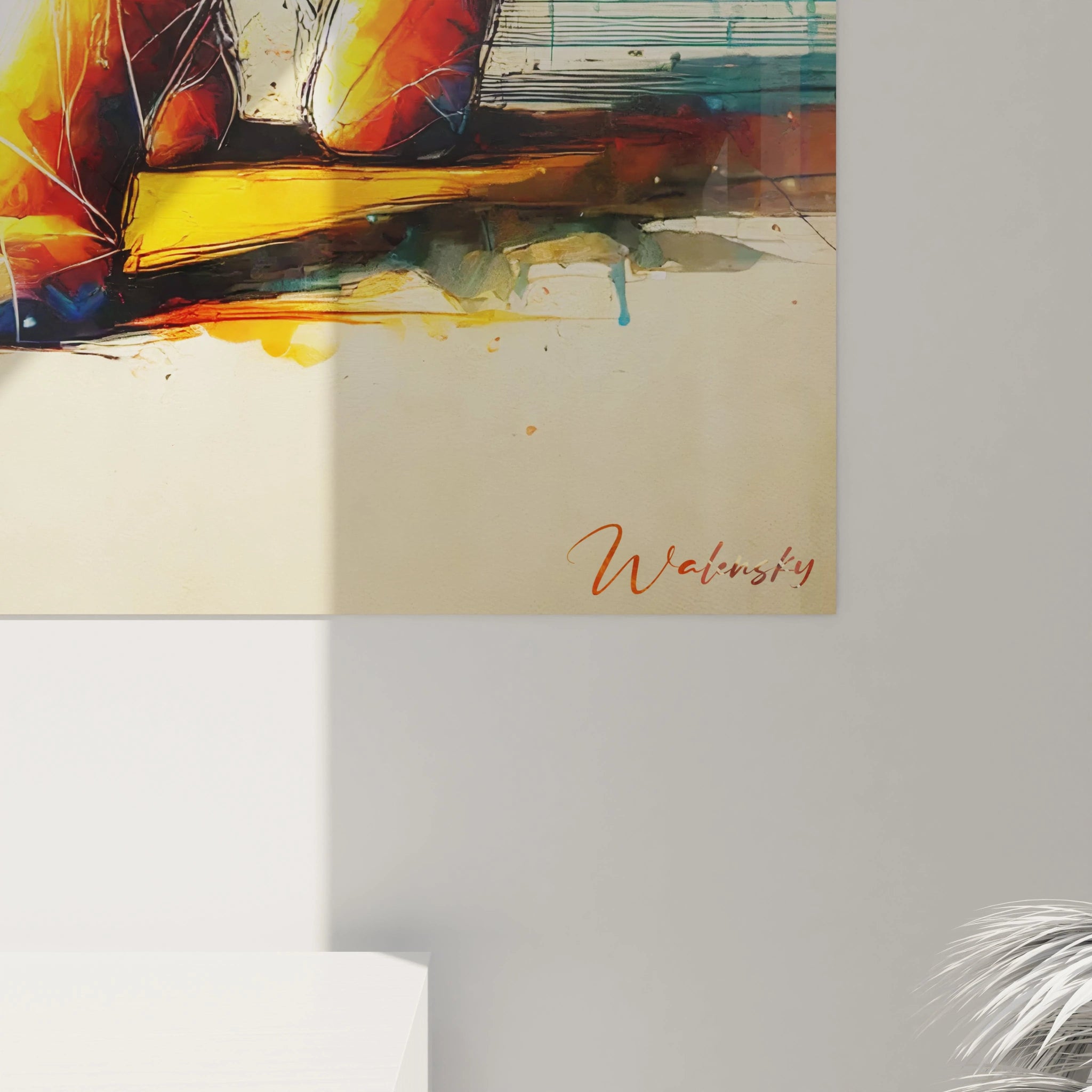 Ce gros plan du tableau chat met en valeur les détails du pelage et les coups de pinceau dynamiques. Les teintes éclatantes de rouge, orange et bleu donnent vie à cette œuvre pleine de mouvement.