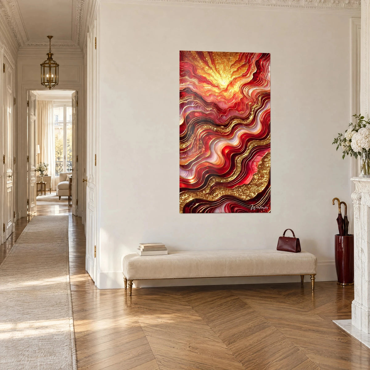 Schilderij met golvende lagen karmijn en ivoor, gouden glitter, driekwartaanzicht aan het eind van een Haussmann-gang