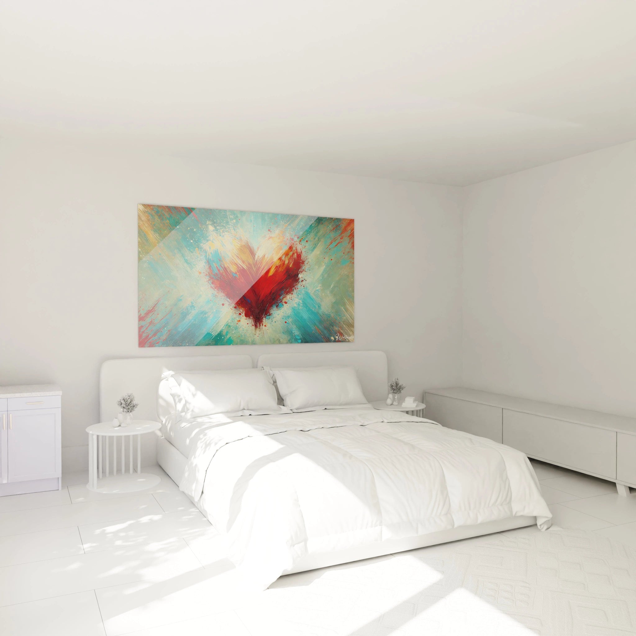 Ce tableau coeur accroché dans une chambre apporte une ambiance romantique et apaisante, où le rouge flamboyant et le bleu doux s'harmonisent pour sublimer votre espace.