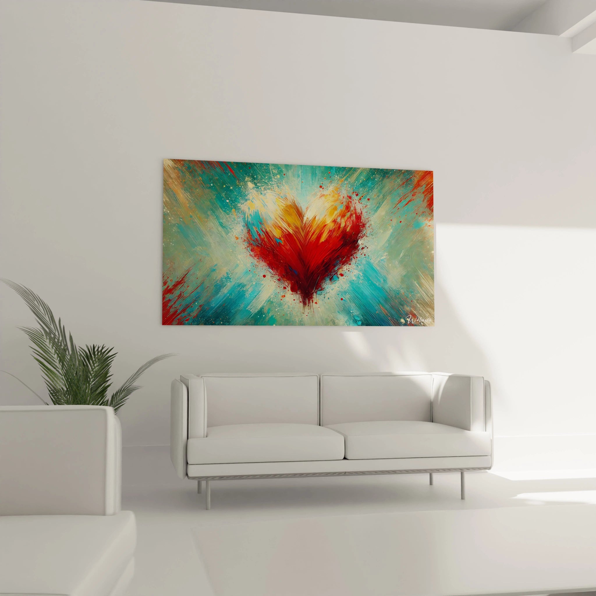 Sublimez votre salon avec ce tableau coeur. Ses éclats de rouge, bleu et orange créent une énergie vibrante et passionnée, idéale pour une décoration chaleureuse et unique.