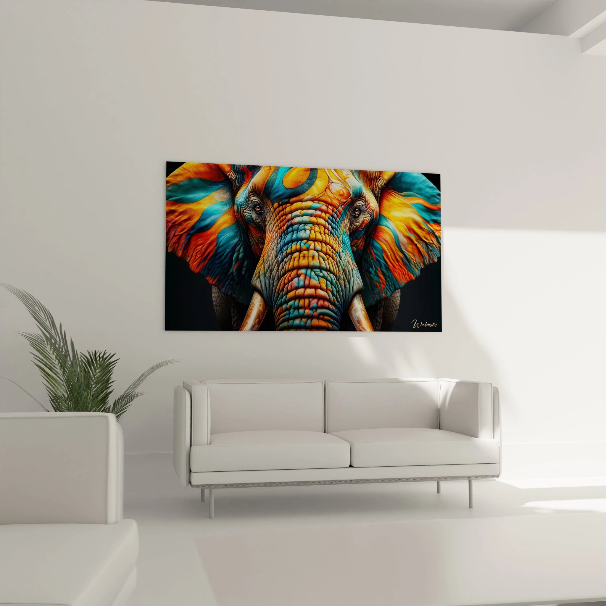 Suspendu au-dessus du canapé dans un salon, ce tableau elephant crée un point focal captivant. Les nuances vibrantes de bleu et d'orange apportent une énergie contemporaine et élégante à l'espace.
