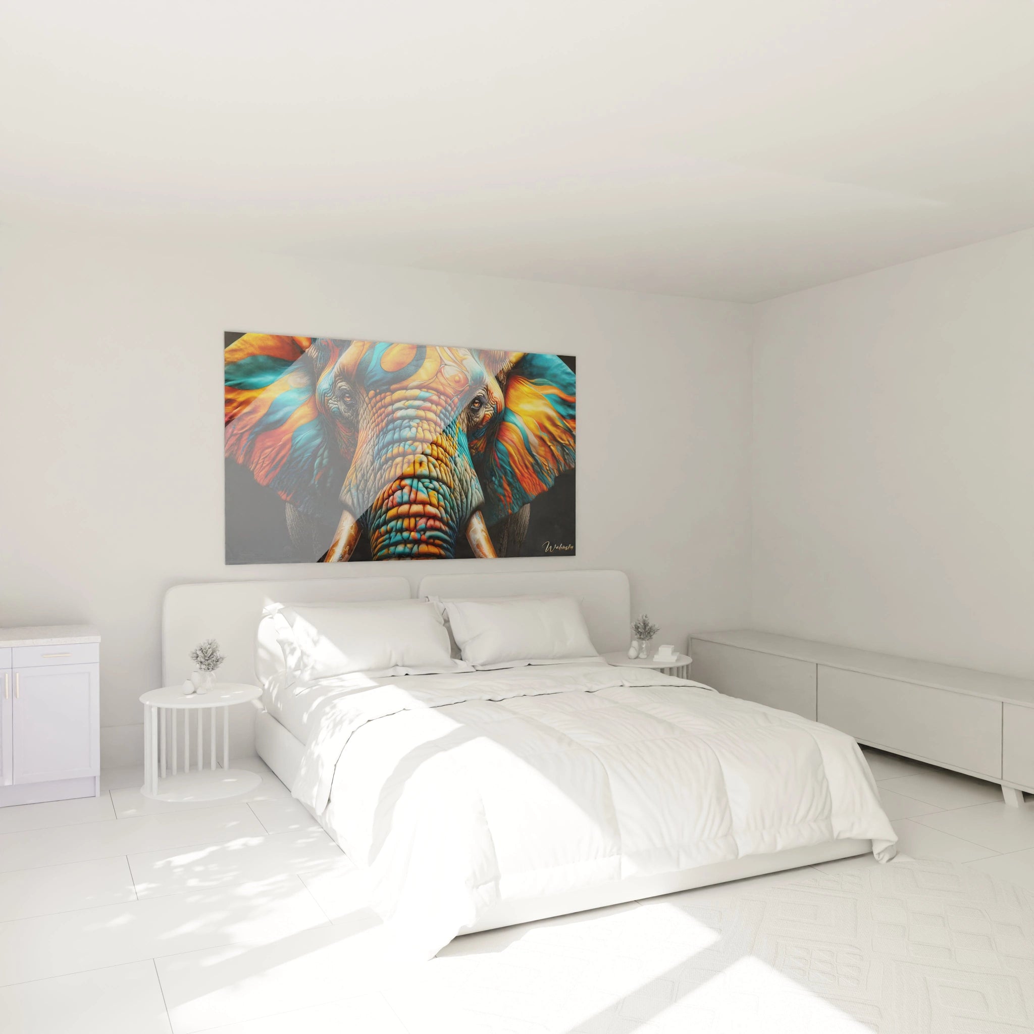 Accroché au-dessus du lit, ce tableau elephant transforme la chambre en un espace onirique. Ses couleurs éclatantes et son design saisissant apportent une touche de vitalité et de profondeur à la pièce.