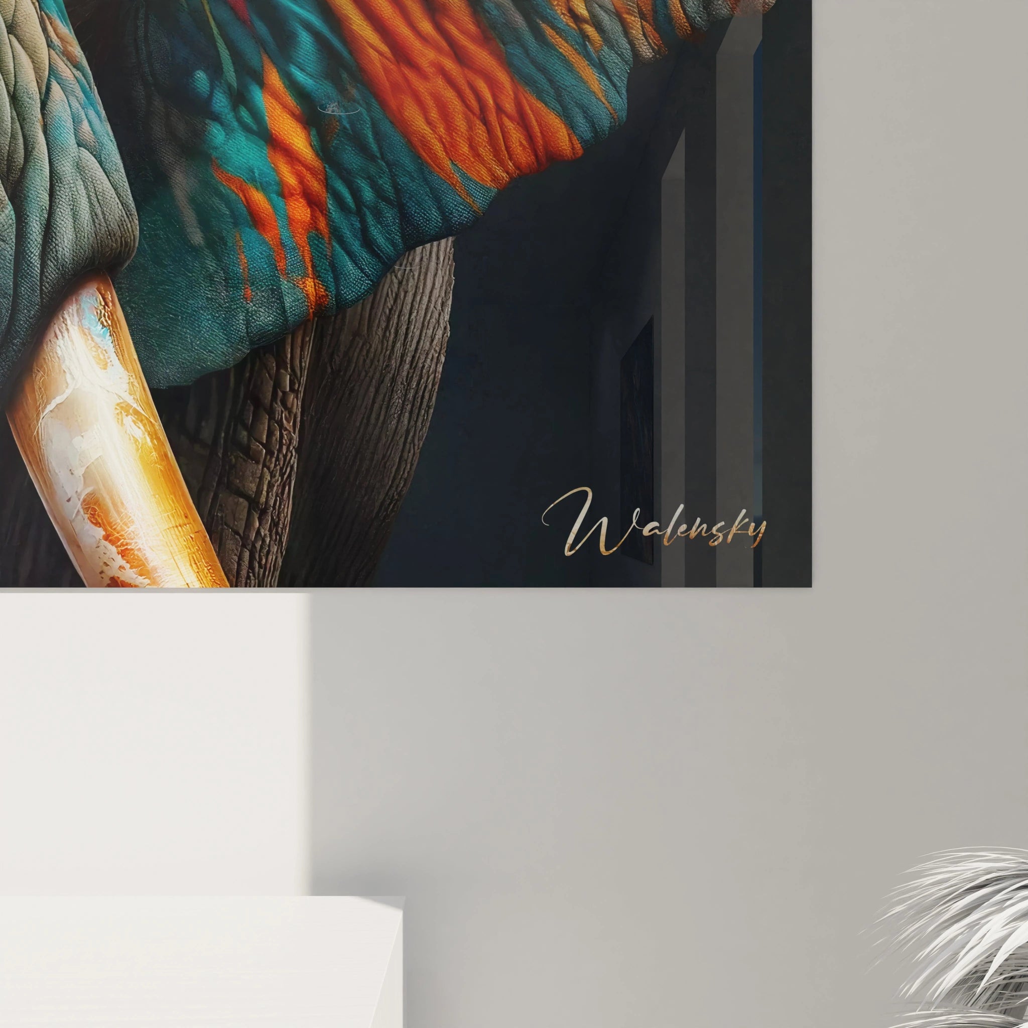 Une vue de près de ce tableau elephant révèle l'intensité des détails et des textures. Chaque pli de l'éléphant est magnifié par des couleurs saturées, offrant une expérience visuelle riche et immersive.