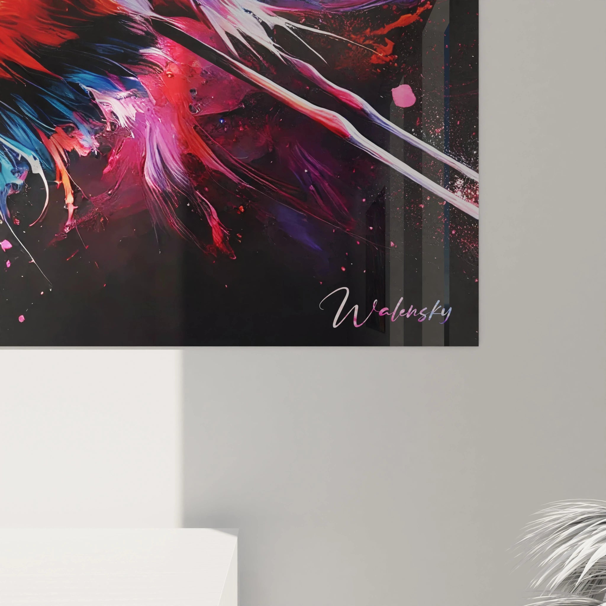 Une vue de près du tableau flamand rose révèle des détails vibrants. Chaque plume flamboyante évoque grâce et liberté, rendant cet art unique et captivant.