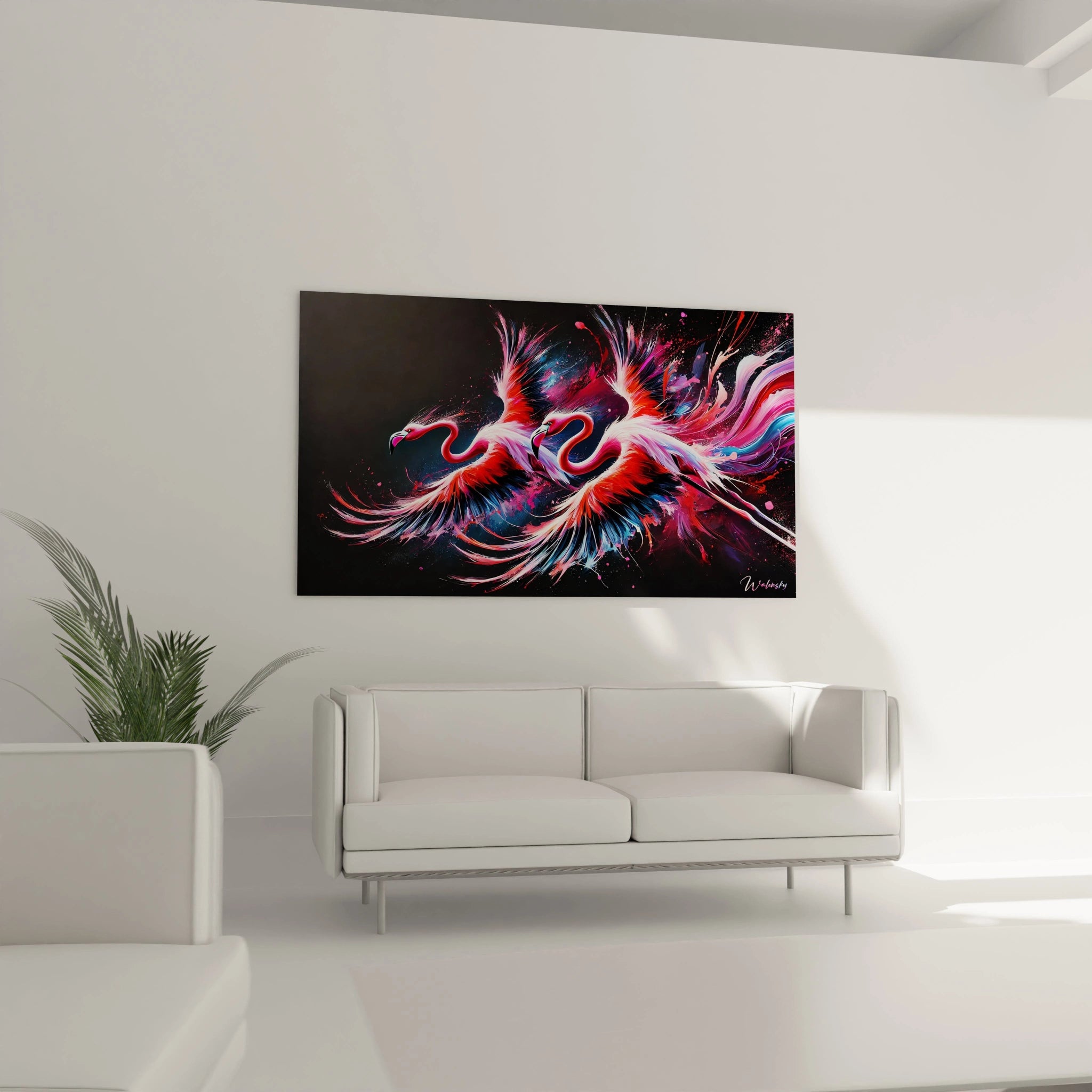 Suspendu au-dessus du canapé, ce tableau flamand rose transforme votre salon. Son éclat et sa force ajoutent une dimension dynamique et artistique à votre espace de vie.