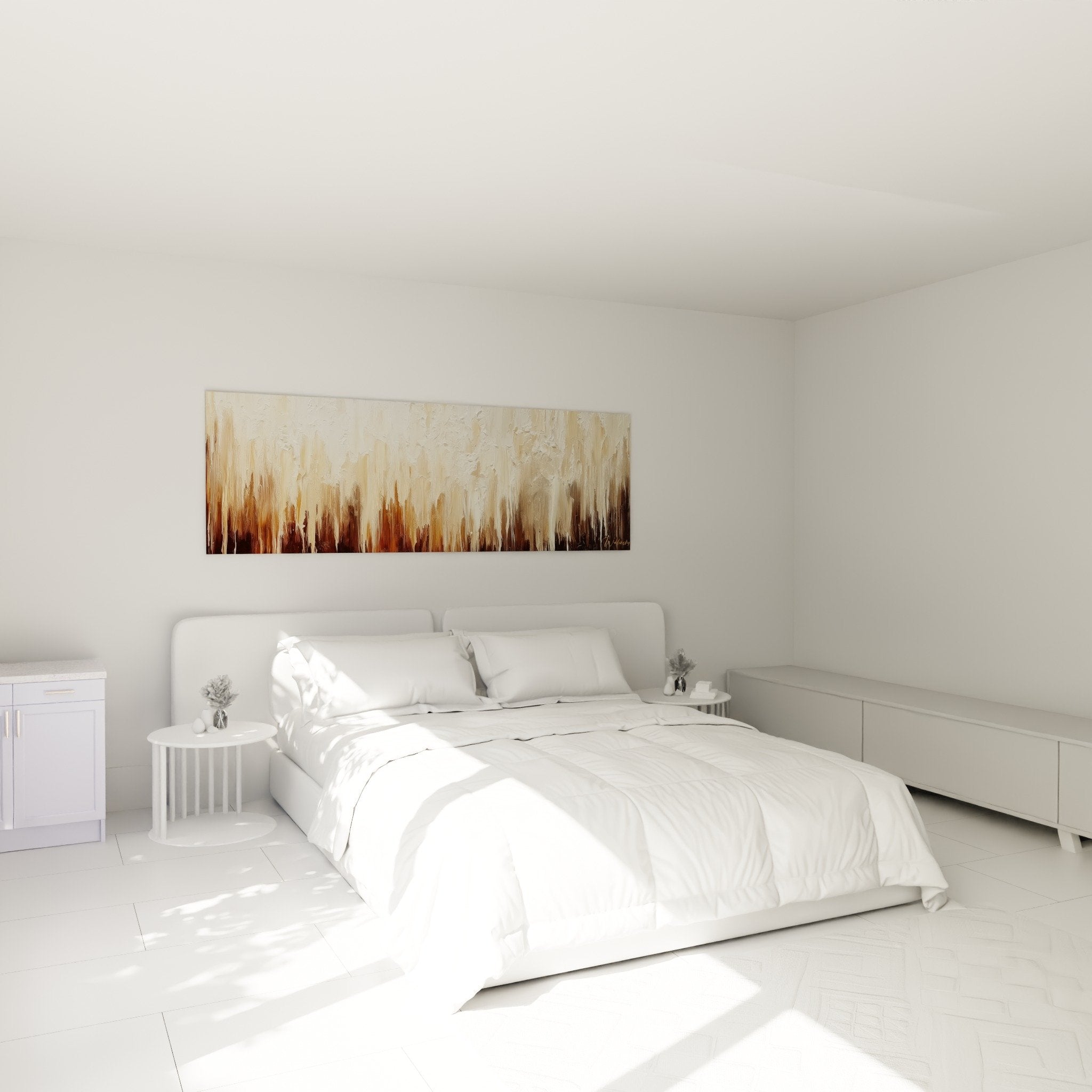Tableau abstrait flammes ocre accroché au-dessus d'un lit, ambiance chambre apaisante style Feng shui