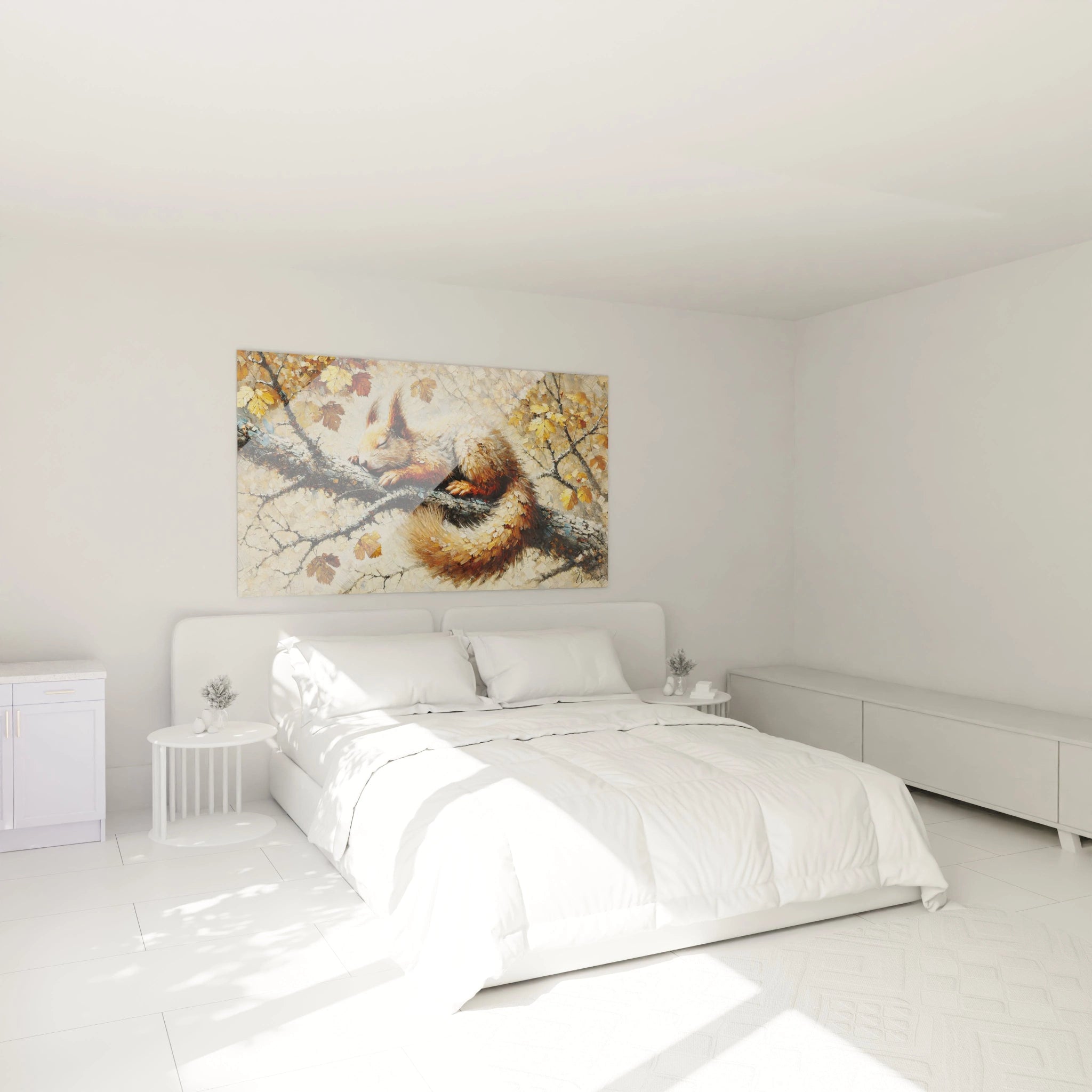 Ce tableau ecureuil au dessus de votre lit cree une ambiance automnale paisible ideale pour une chambre reposante les couleurs chaudes et les details du bois apportent une touche cosy