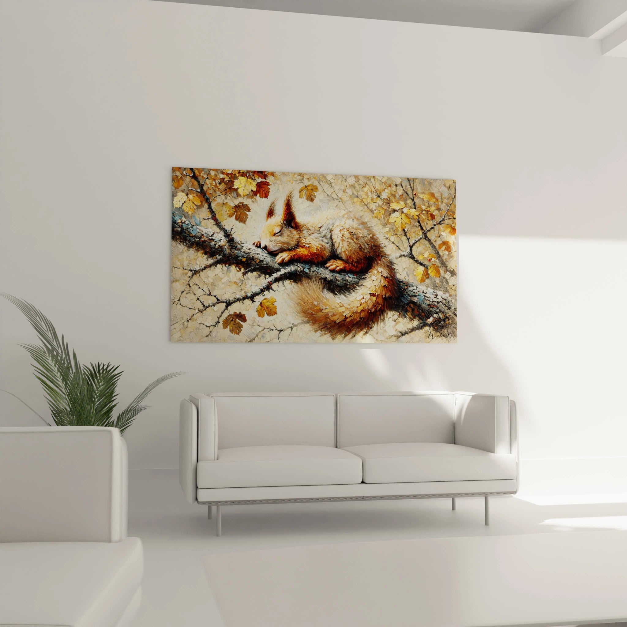 Avec ce tableau ecureuil au dessus du canapé transformez votre salon en un espace chaleureux et naturel les couleurs marron et orange evoquent la douceur des sous bois en automne