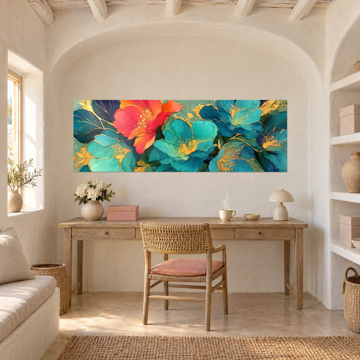 Gemälde florale Explosion in Aquarell aus Petrol und Koralle mit Goldspritzern, über einem Schreibtisch aus hellem Holz