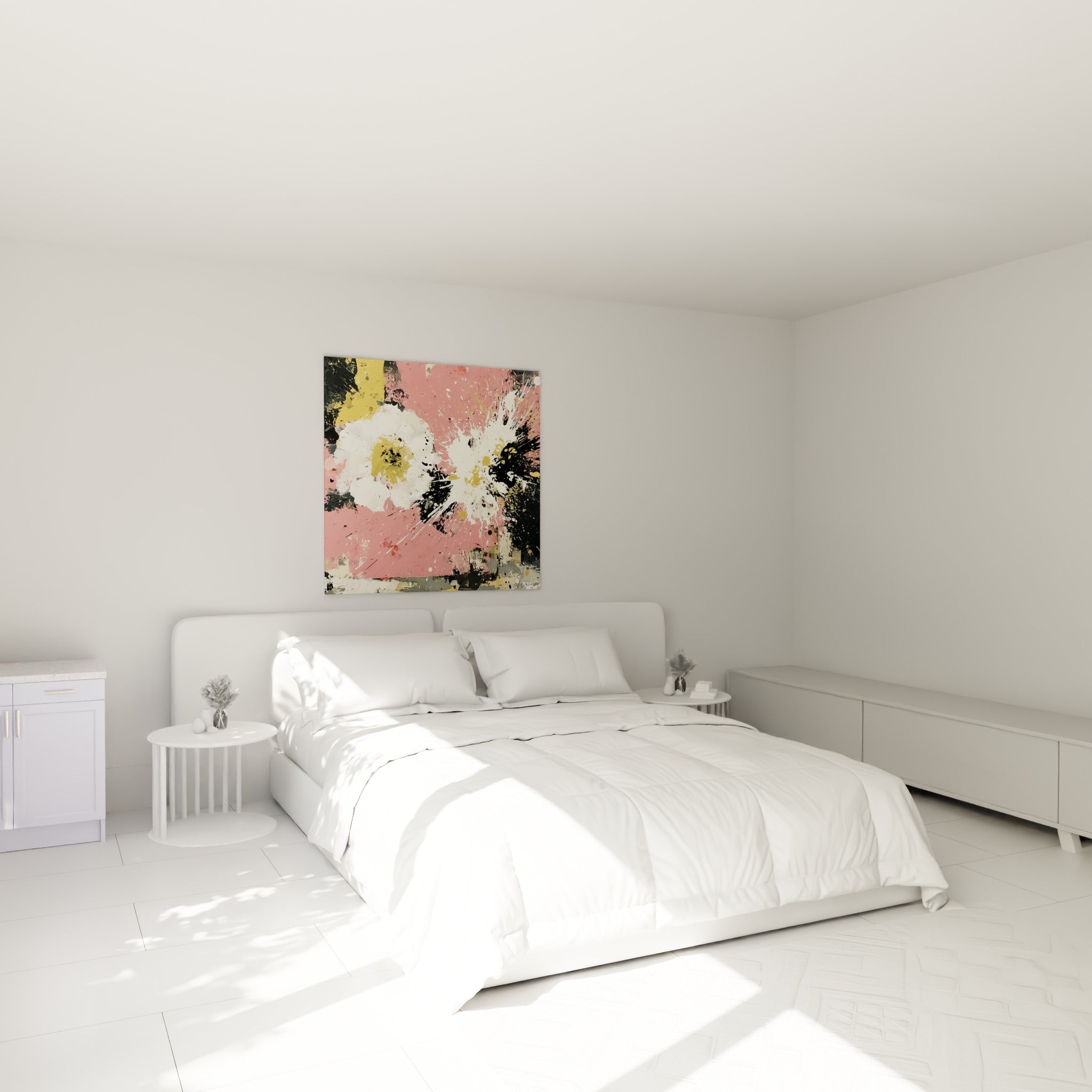 Éclosion blanche et rose aux touches noires, tableau fleur abstrait au-dessus d'un lit dans une chambre claire